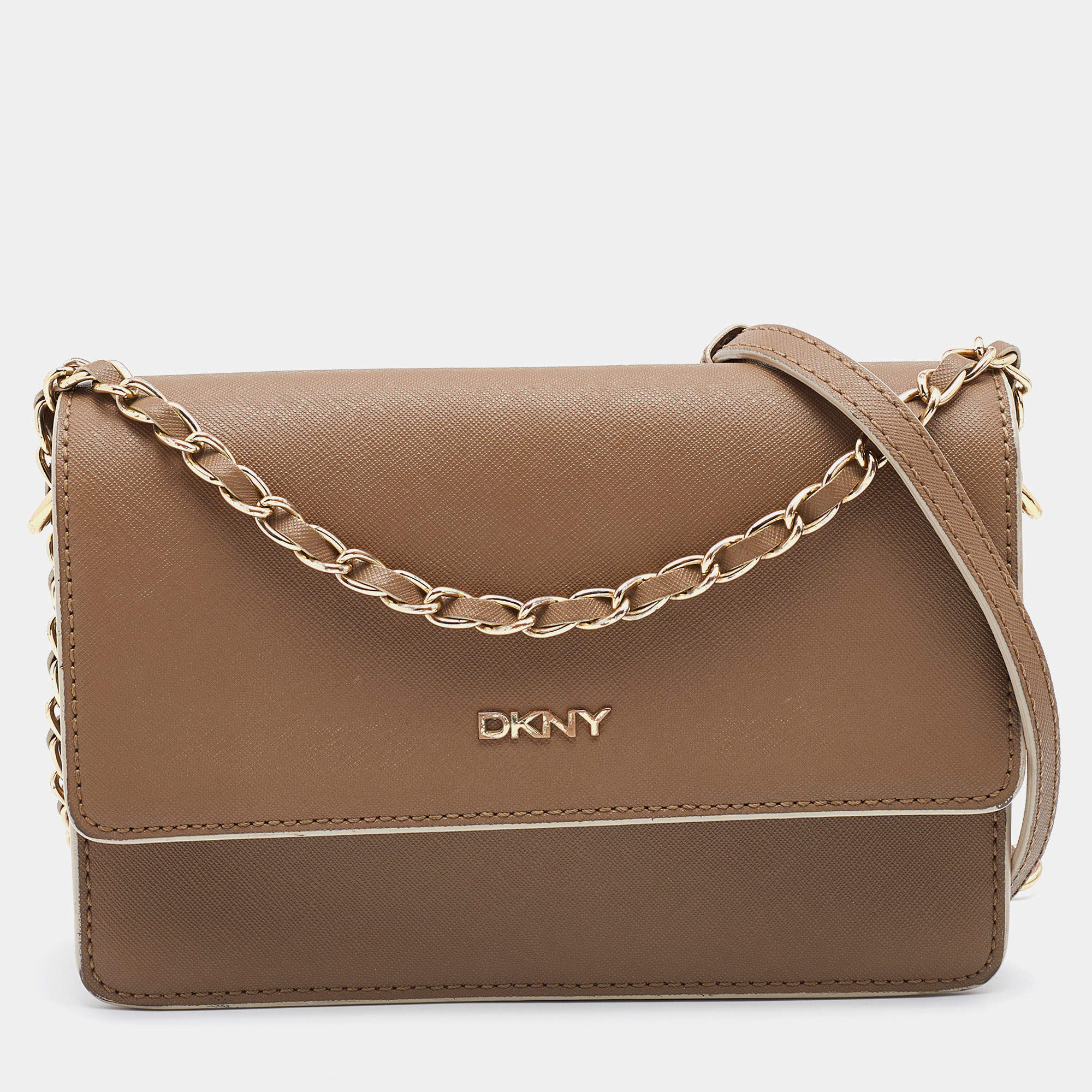 Pre Owned DKNY Beige Leather Flap Chain Shoulder Bag
