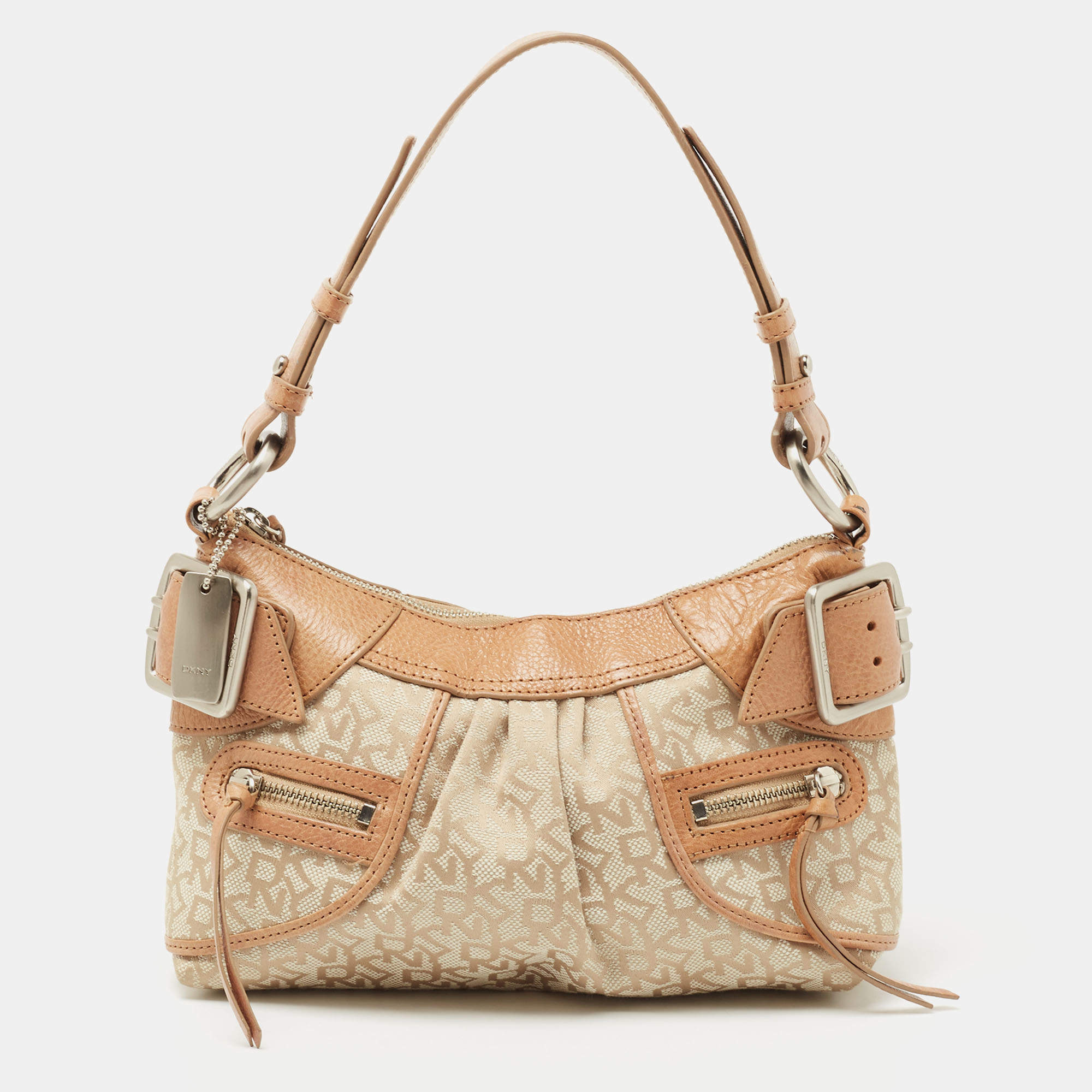 Dkny Beige/Light Green Monogram Canvas and Leather Buckle Baguette Bag 