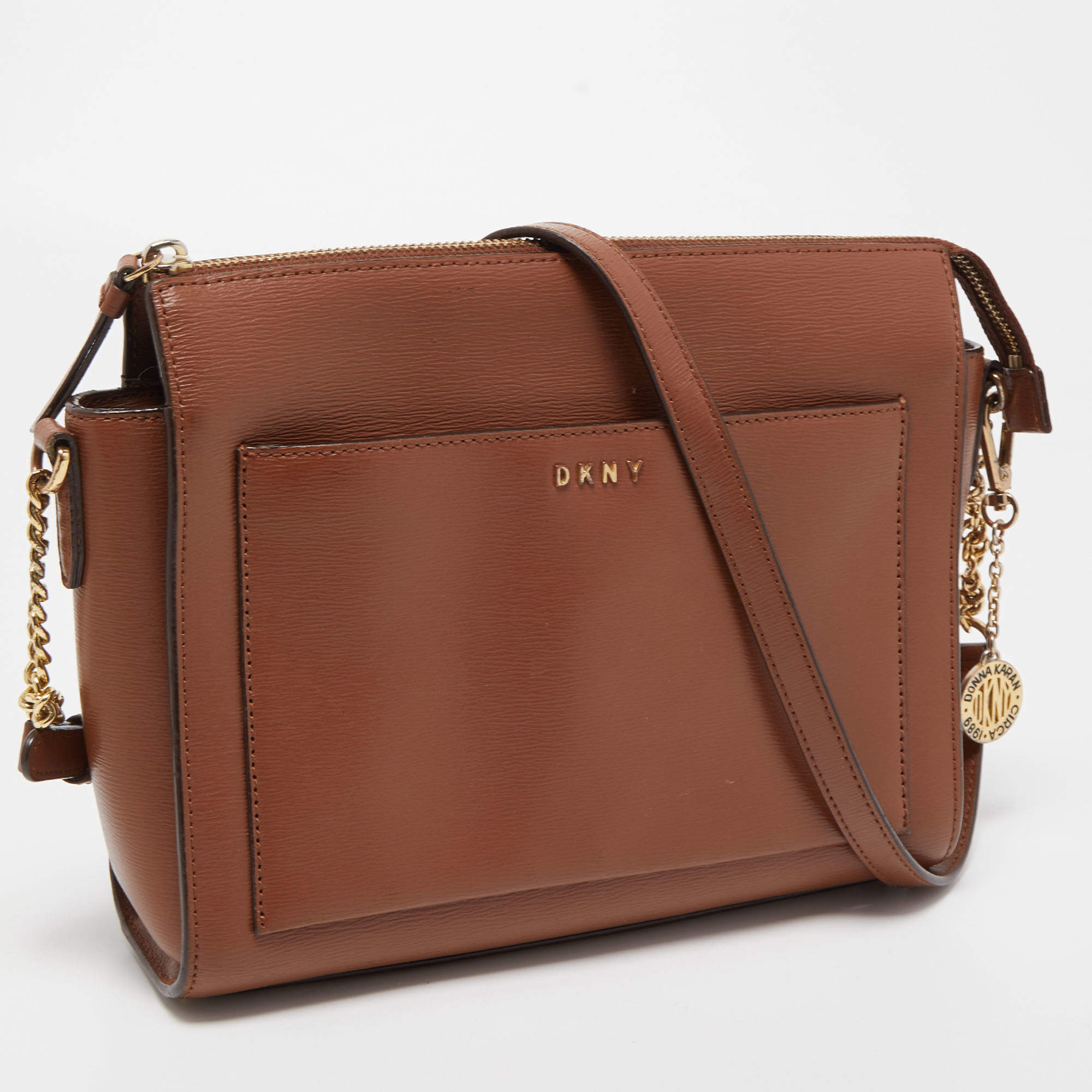 Dkny Brown Leather Ava Zip Crossbody Bag