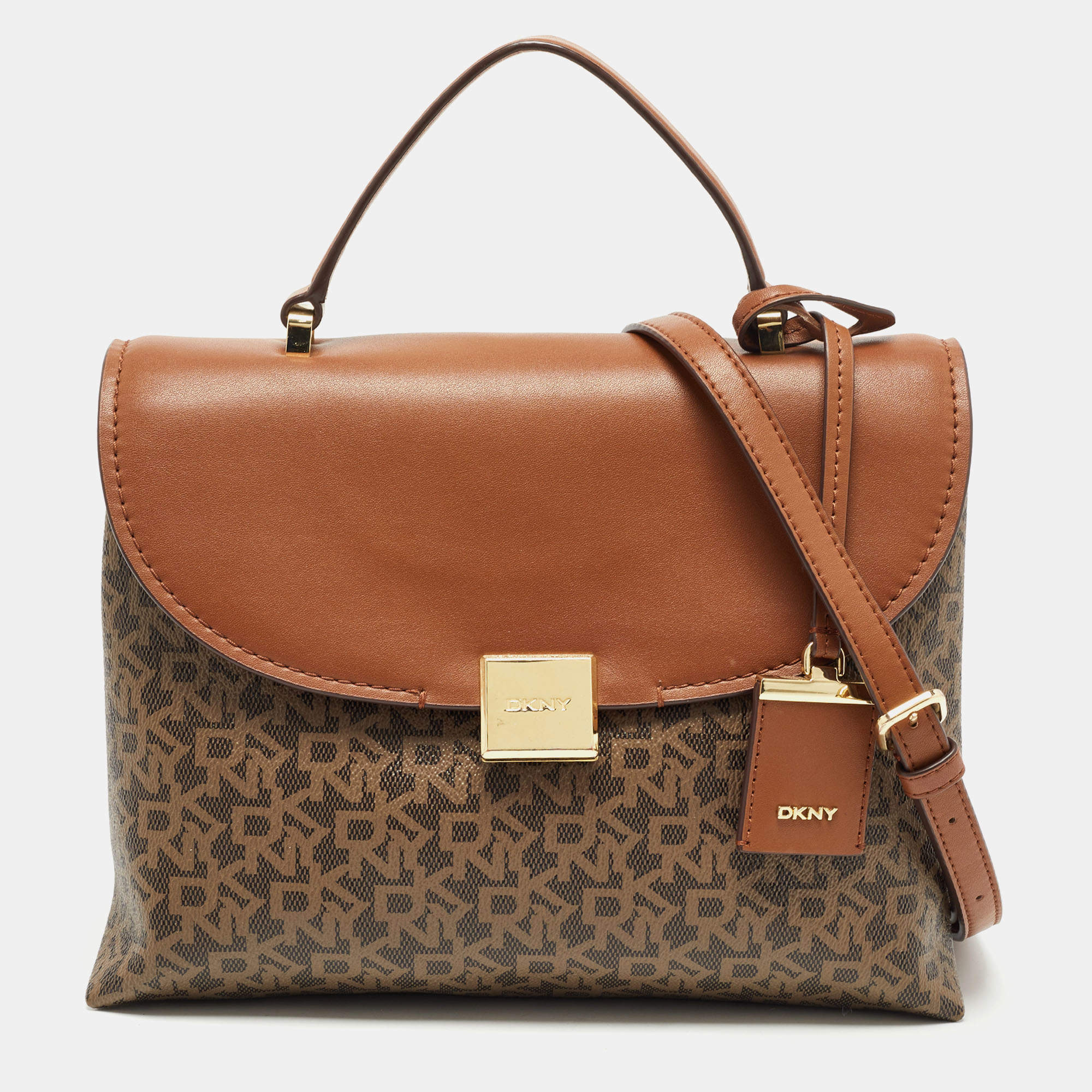 Pre Owned DKNY Brown Monogram Coated Canvas and Leather Logo Flap Top Handle Bag