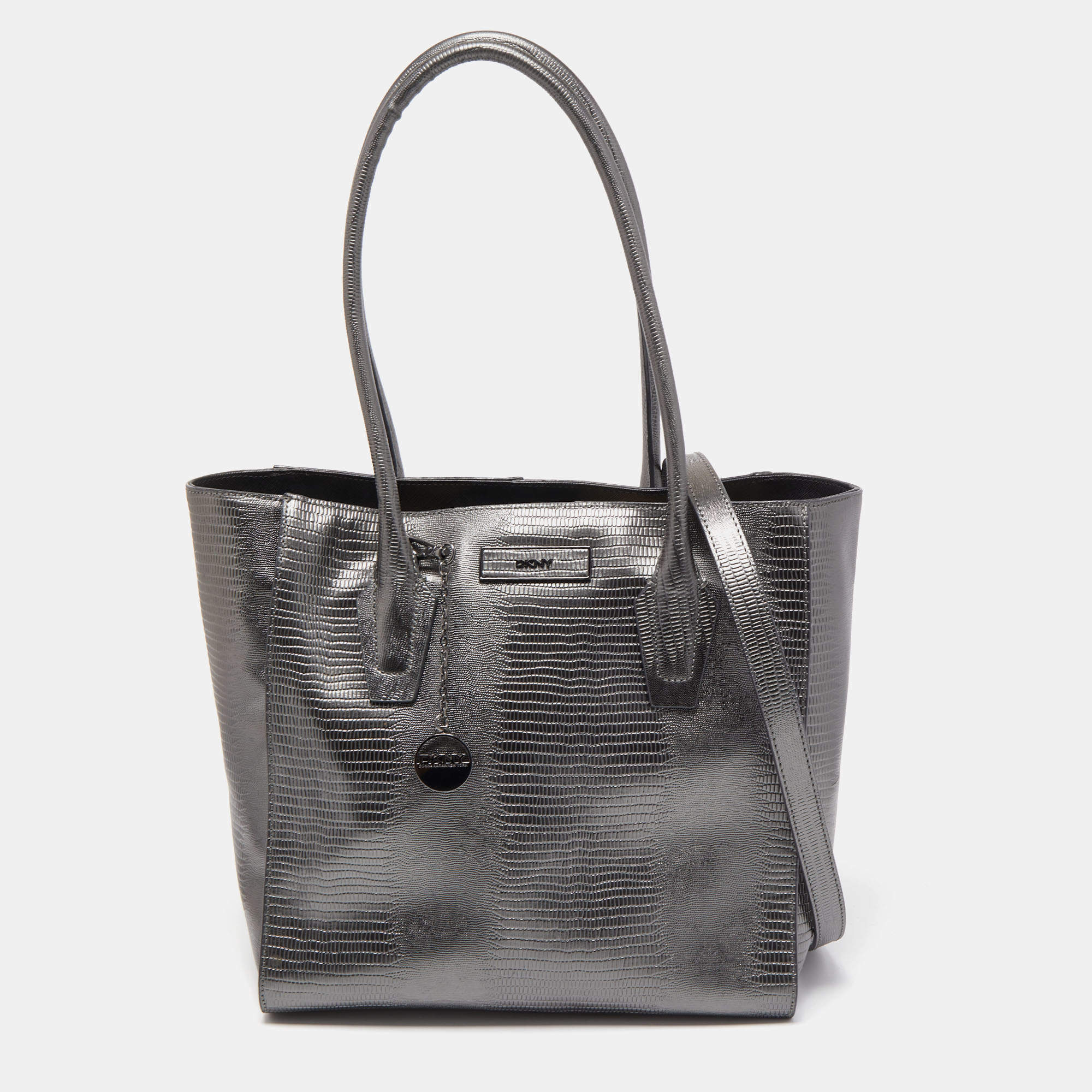 Pre Owned DKNY Metallic Dark Grey Lizard Embossed Leather Tote