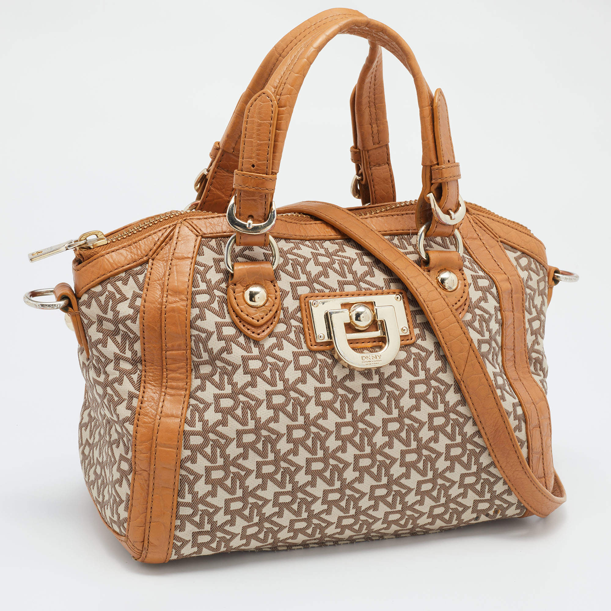 DKNY Beige/Tan Monogram Canvas and Croc Embossed Leather Zip