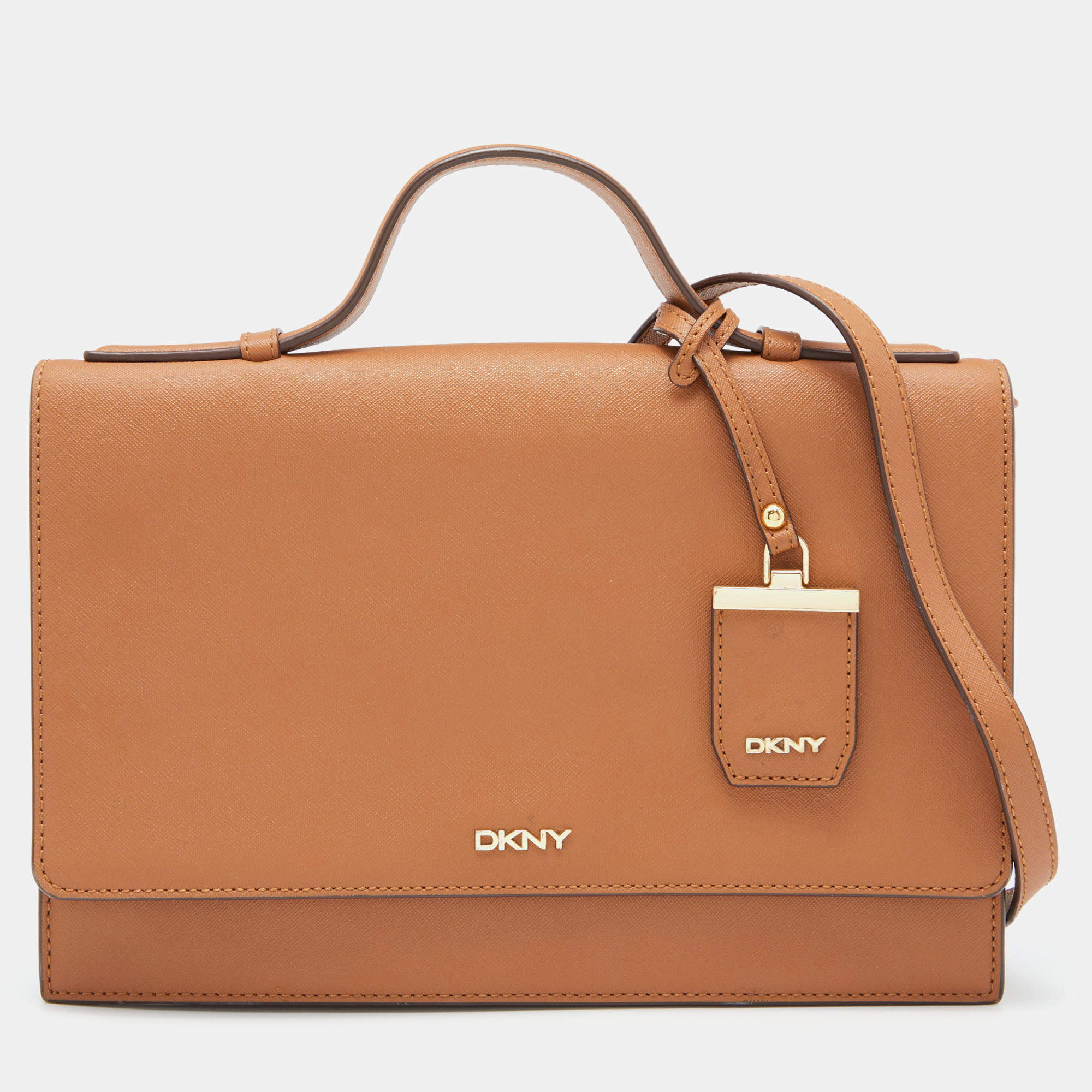 Pre Owned DKNY Brown Saffiano Leather Logo Flap Top Handle Bag