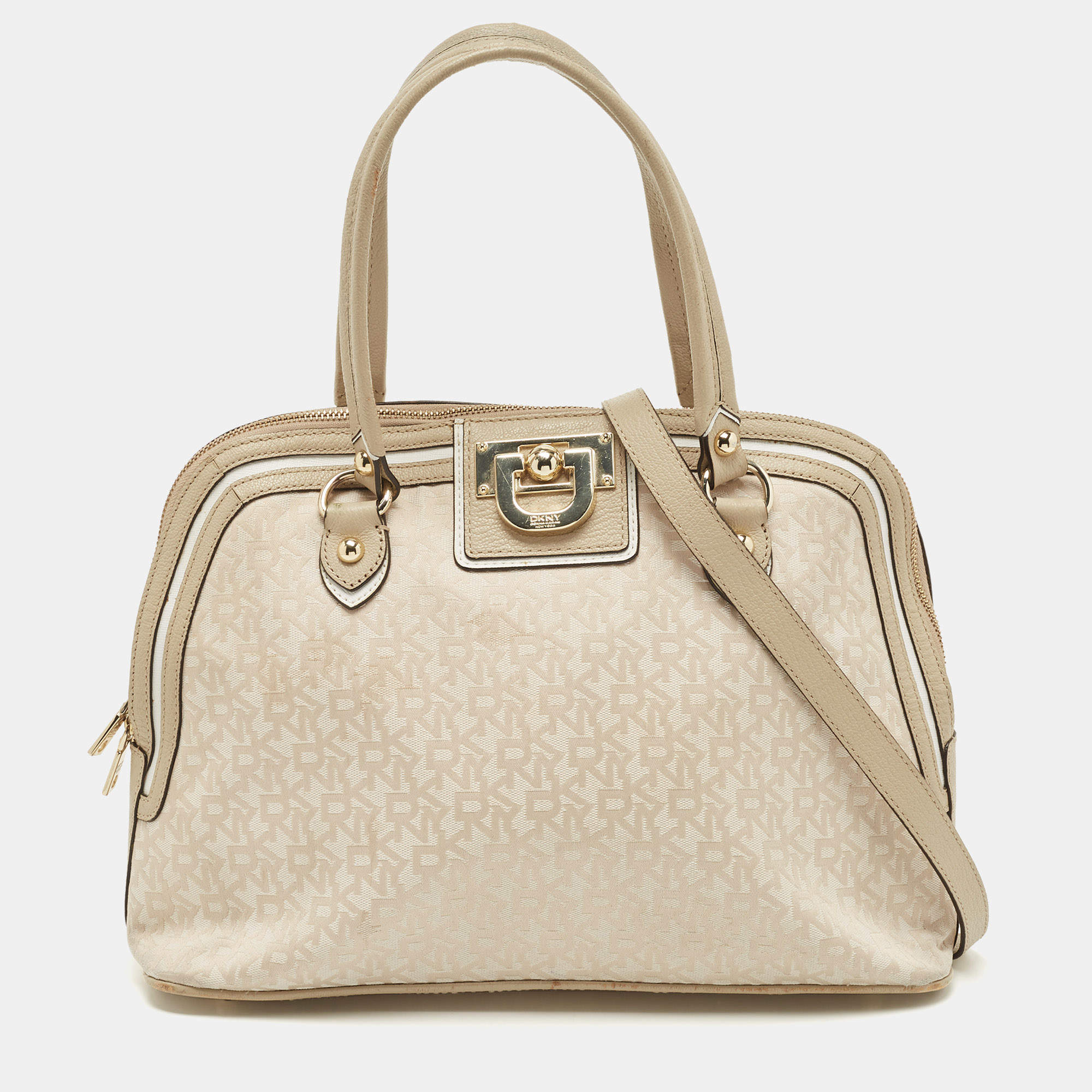 DKNY Cream/Beige Signature Canvas and Leather Dome Satchel