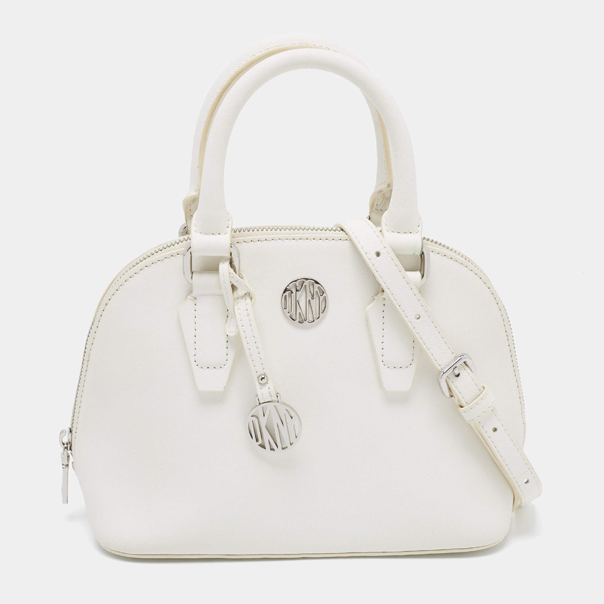 Pre Owned DKNY White Saffiano Leather Logo Dome Satchel