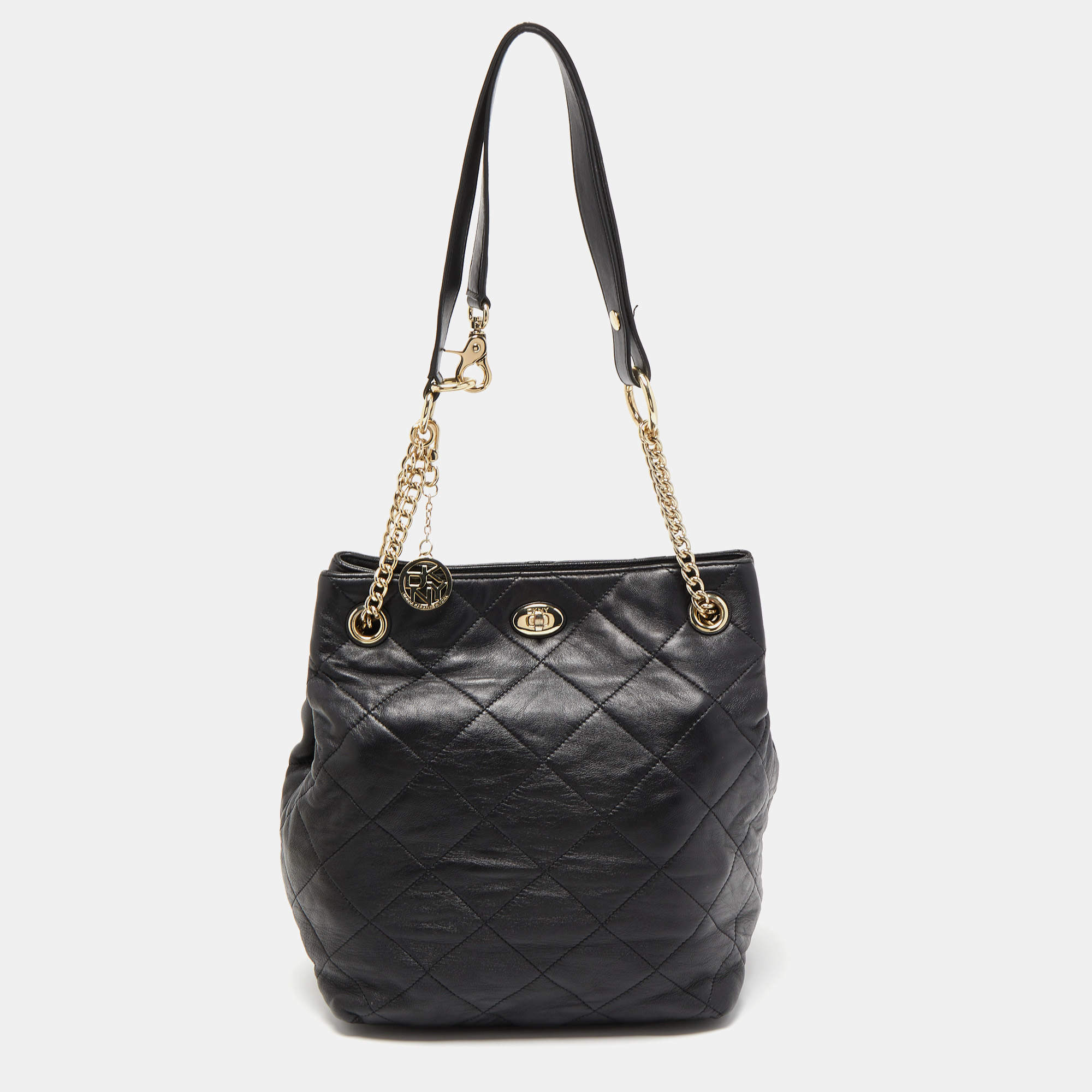 Pre Owned DKNY Black Quilted Leather Bucket Shoulder Bag