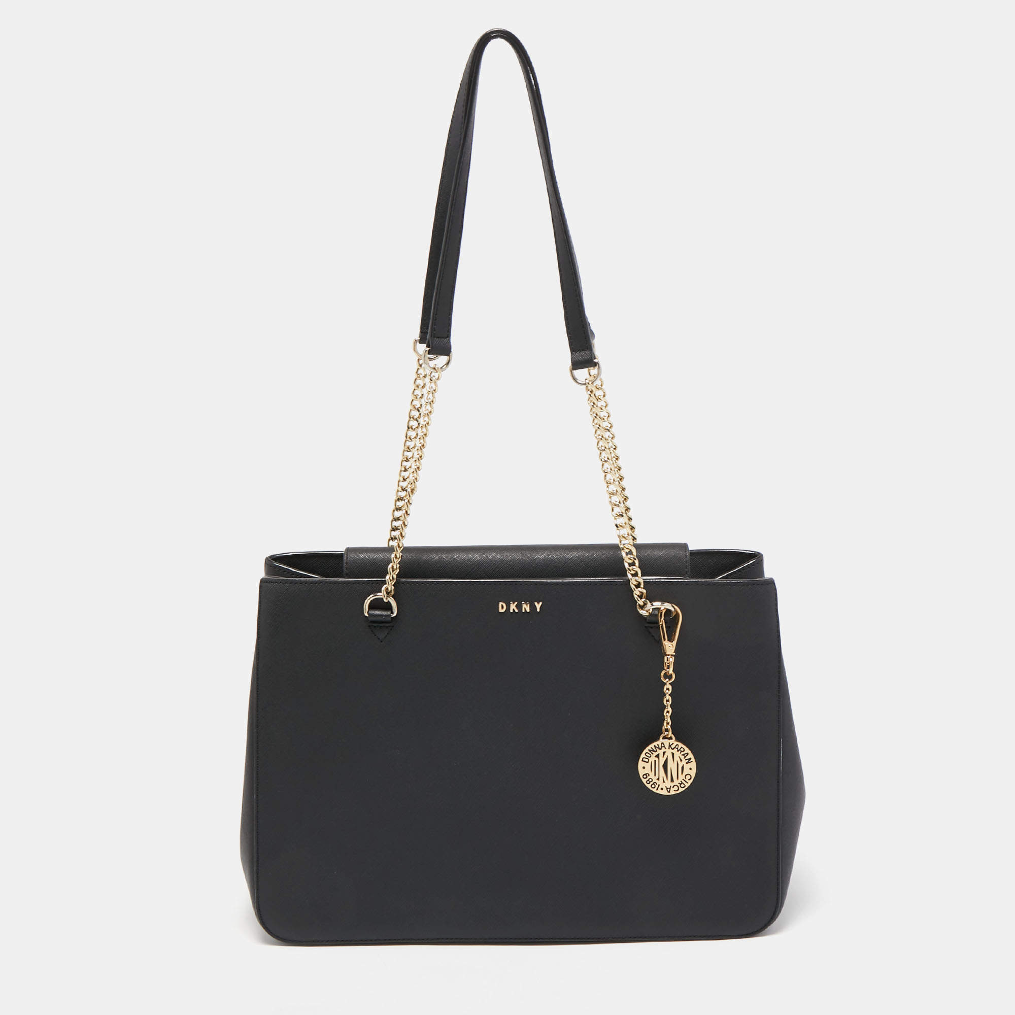 Pre Owned DKNY Black Leather Charm Chain Tote