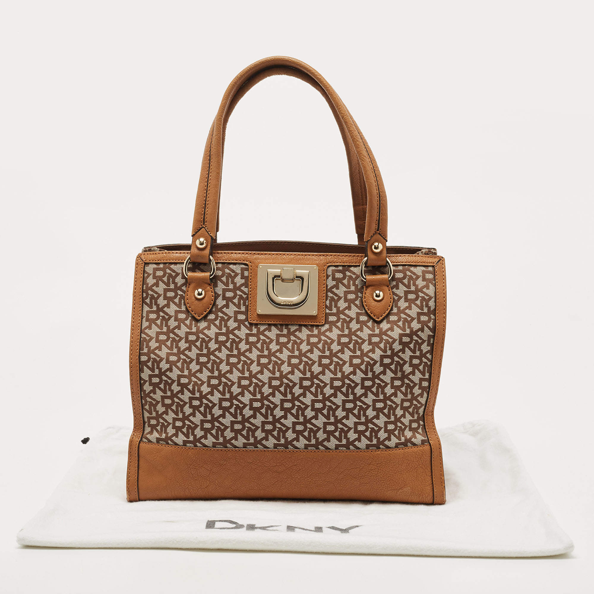 DKNY Brown/Beige Signature Canvas and Leather Tote Dkny