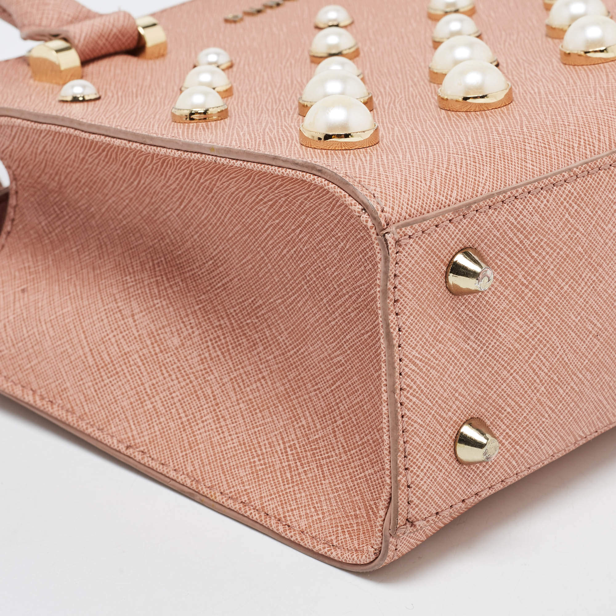 Dkny Pink Textured Leather Pearl Embellished Double Zip Tote