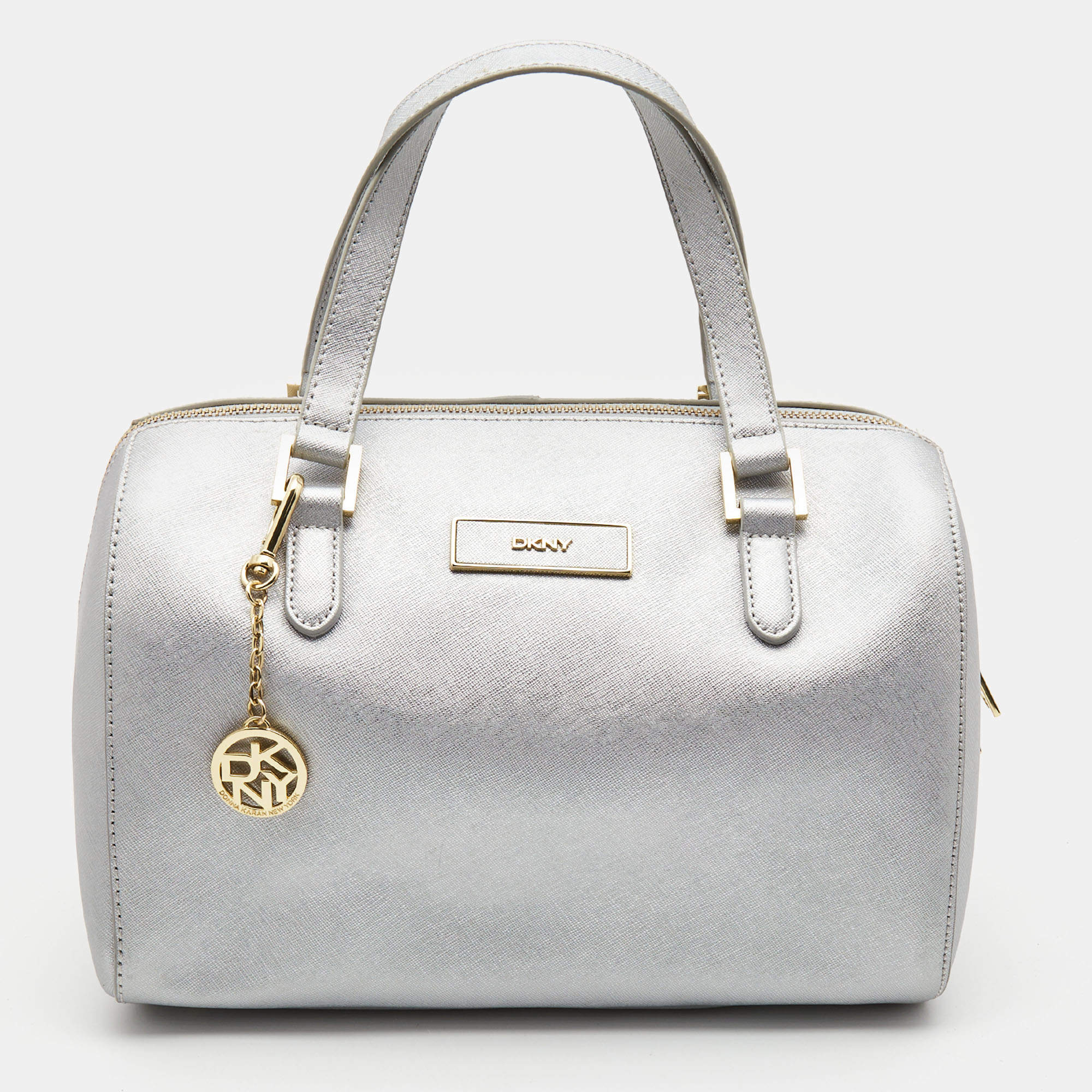 Pre Owned DKNY Silver Saffiano Leather Boston Bag