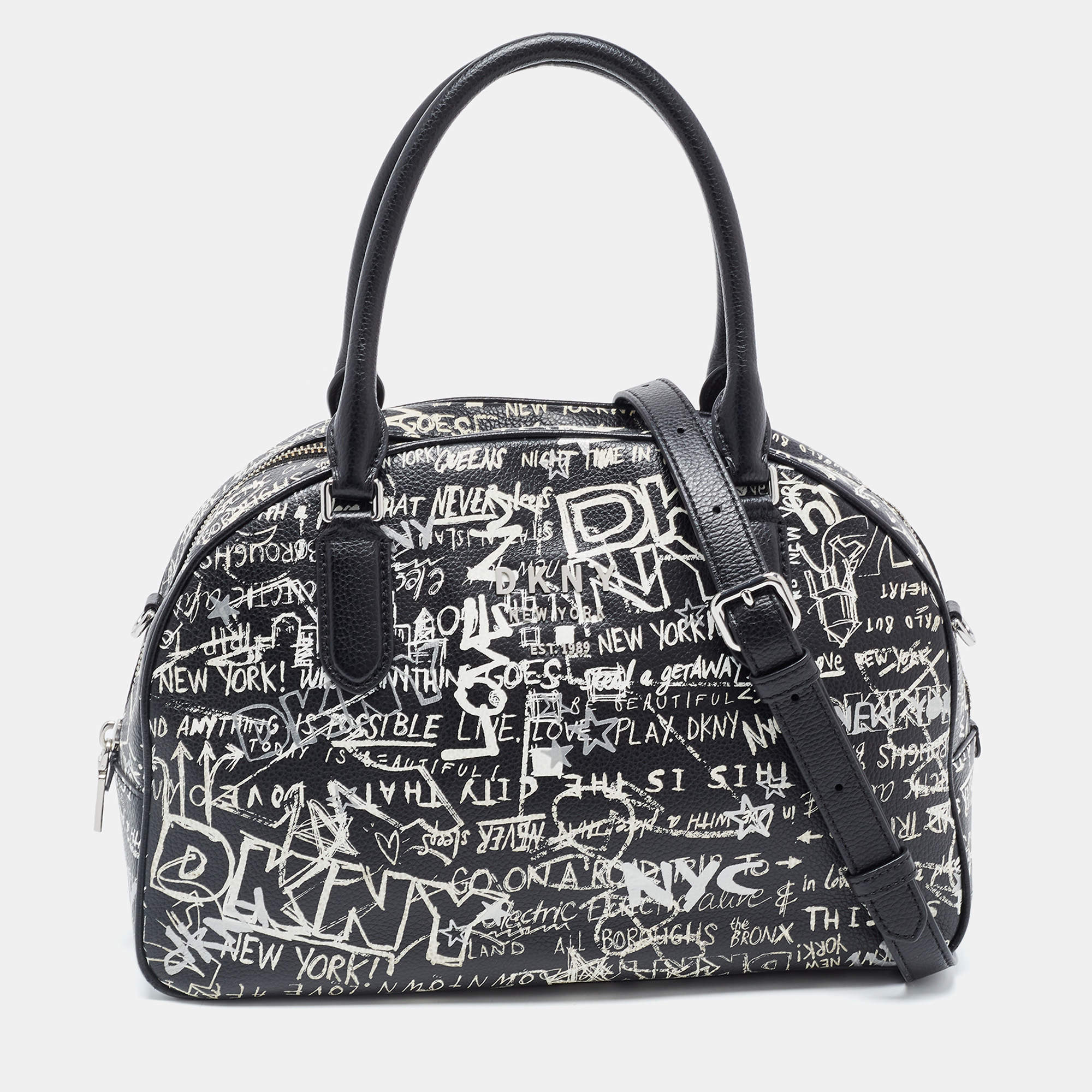 Pre Owned DKNY Black/White Graffiti Leather Erin Dome Satchel