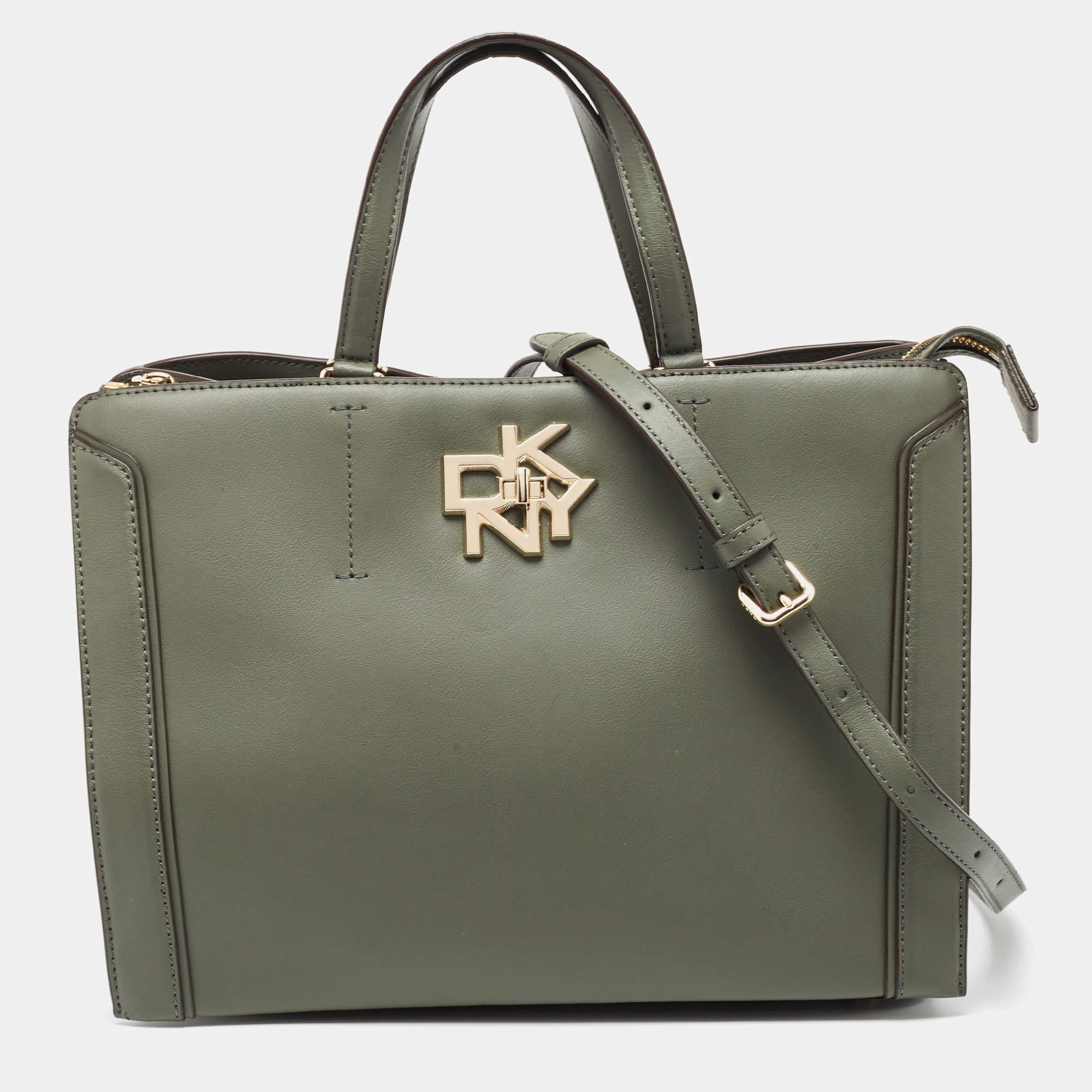 Pre Owned DKNY Khaki Green Leather Logo Twist Tote