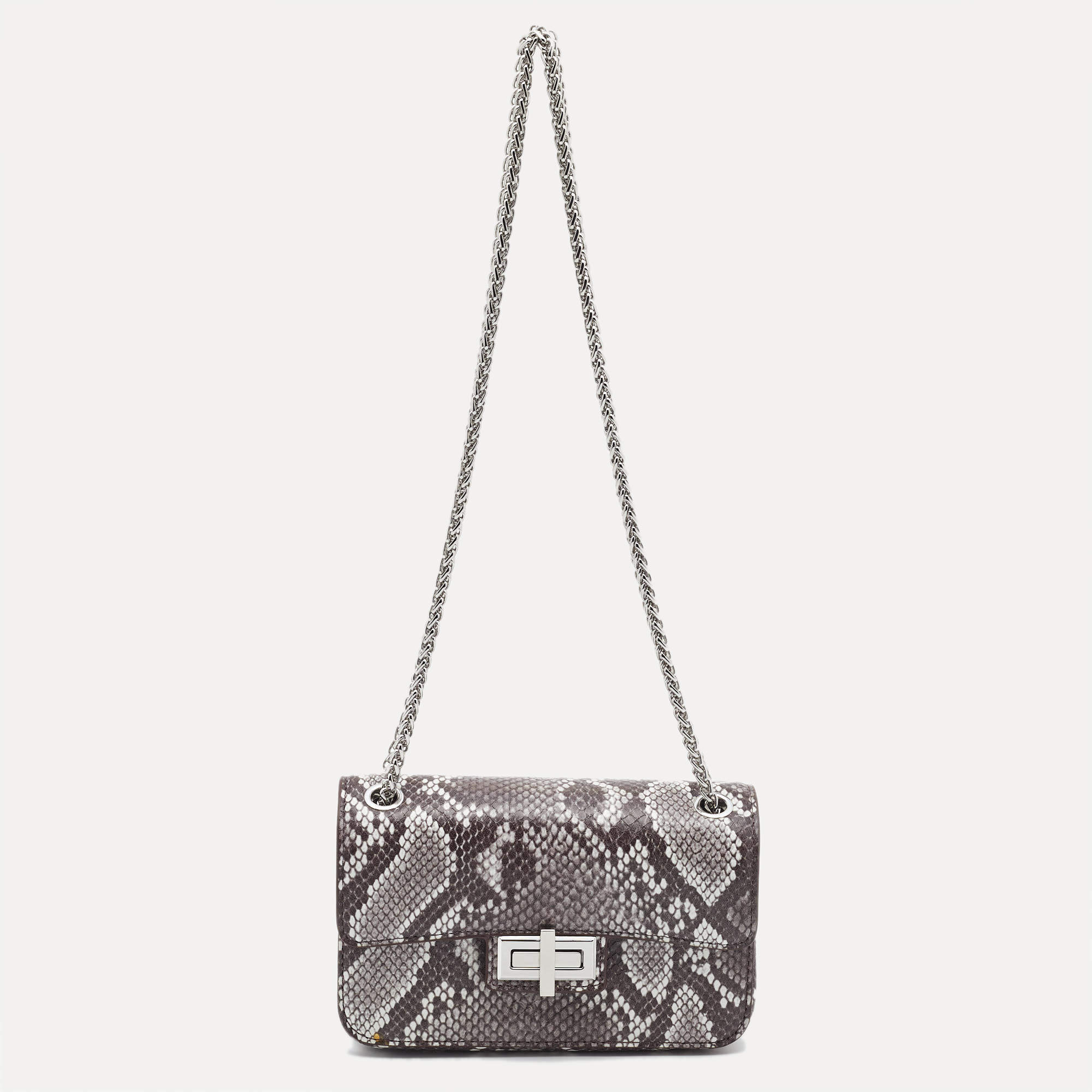 Pre Owned DKNY Grey/Black Python Embossed Leather Flap Crossbody Bag