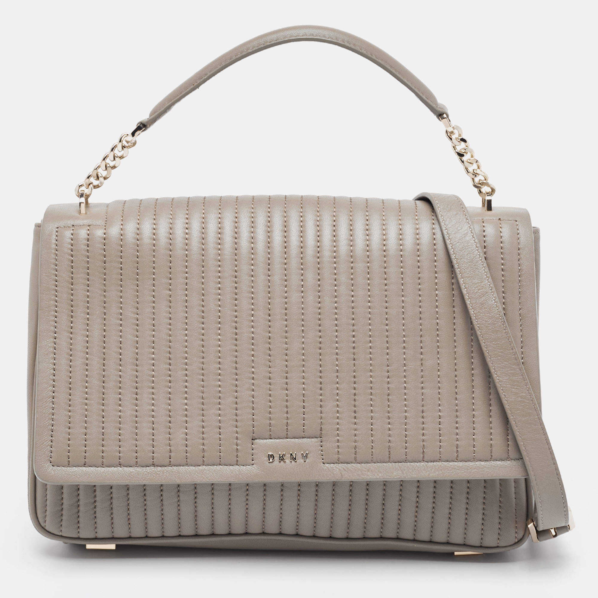 Pre Owned DKNY Olive Green Pinstripe Quilted Leather Gansevoort Top Handle Bag