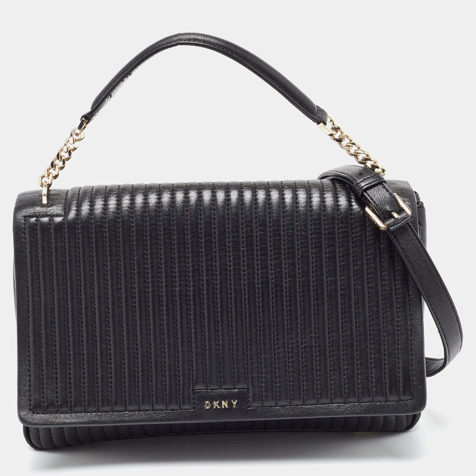  DKNY Black Pinstripe Quilted Leather Gansevoort Flap Top Handle Bag