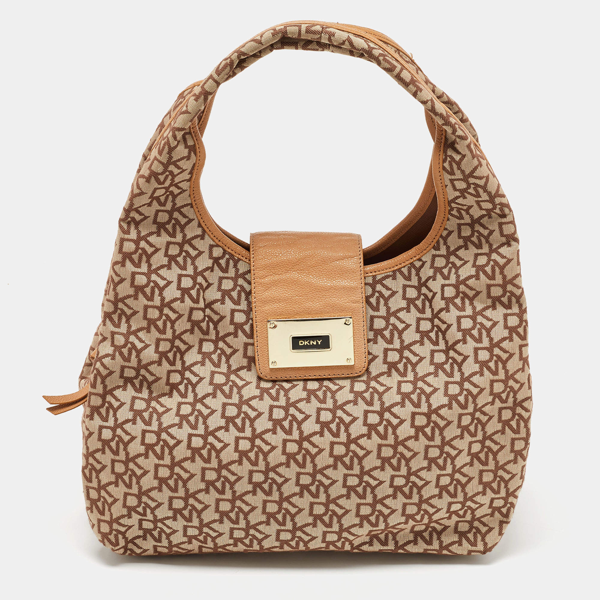 DKNY Beige Signature Fabric and Leather Town and Country Hobo