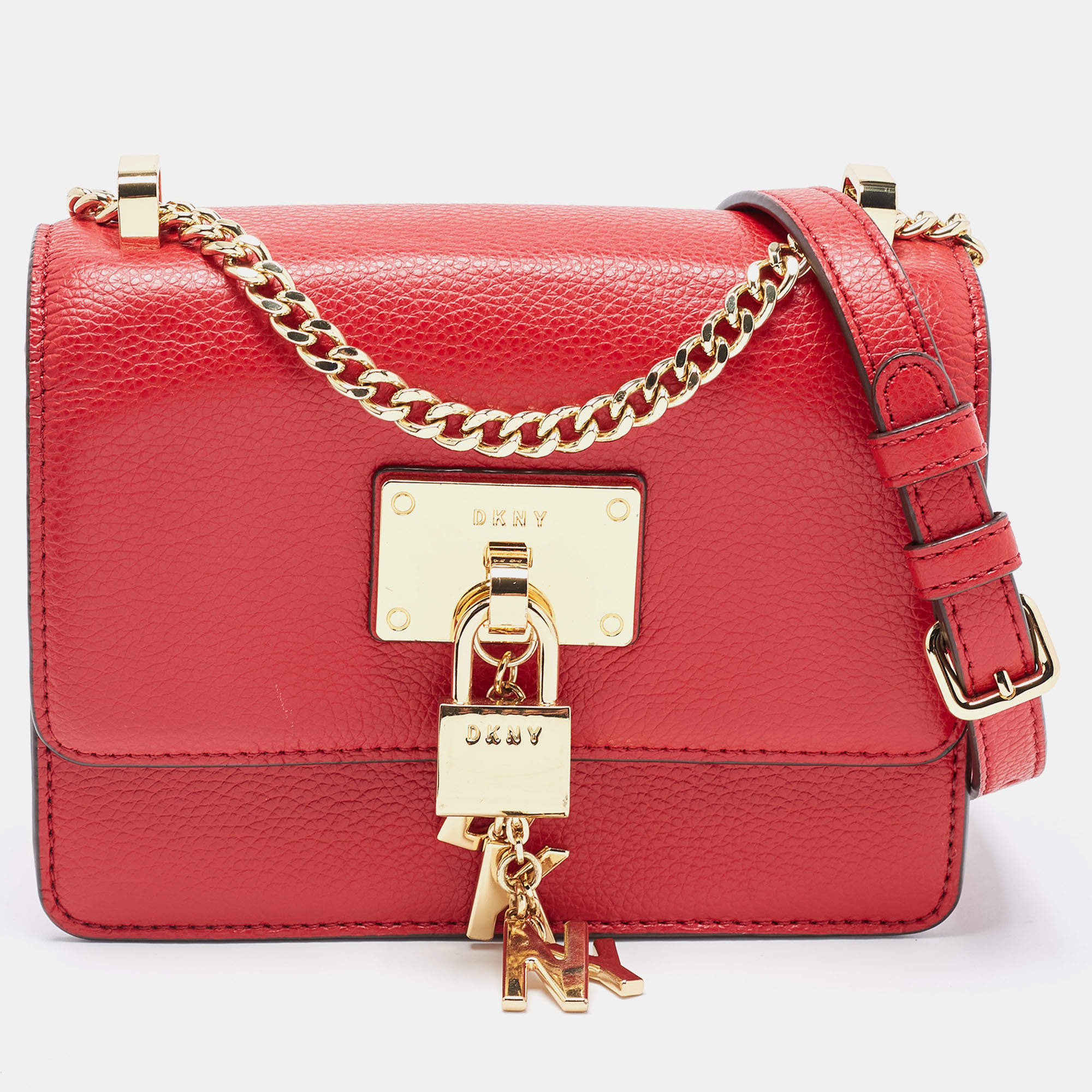 Pre Owned DKNY Red Leather Charm Flap Crossbody Bag