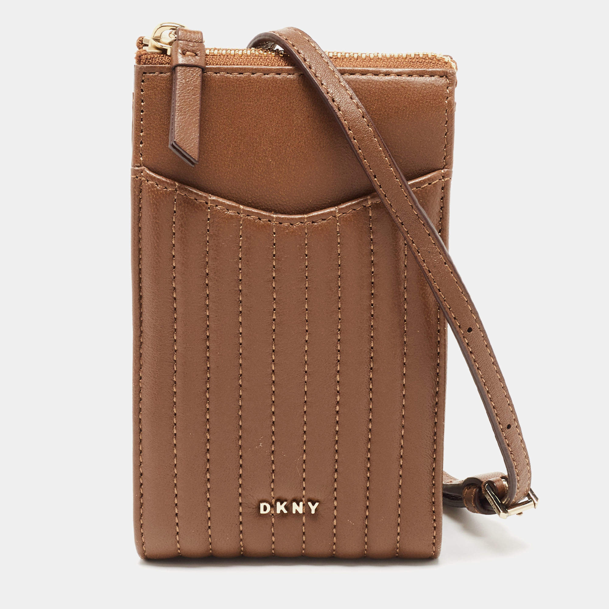 Pre Owned DKNY Brown Leather Phone Crossbody Bag