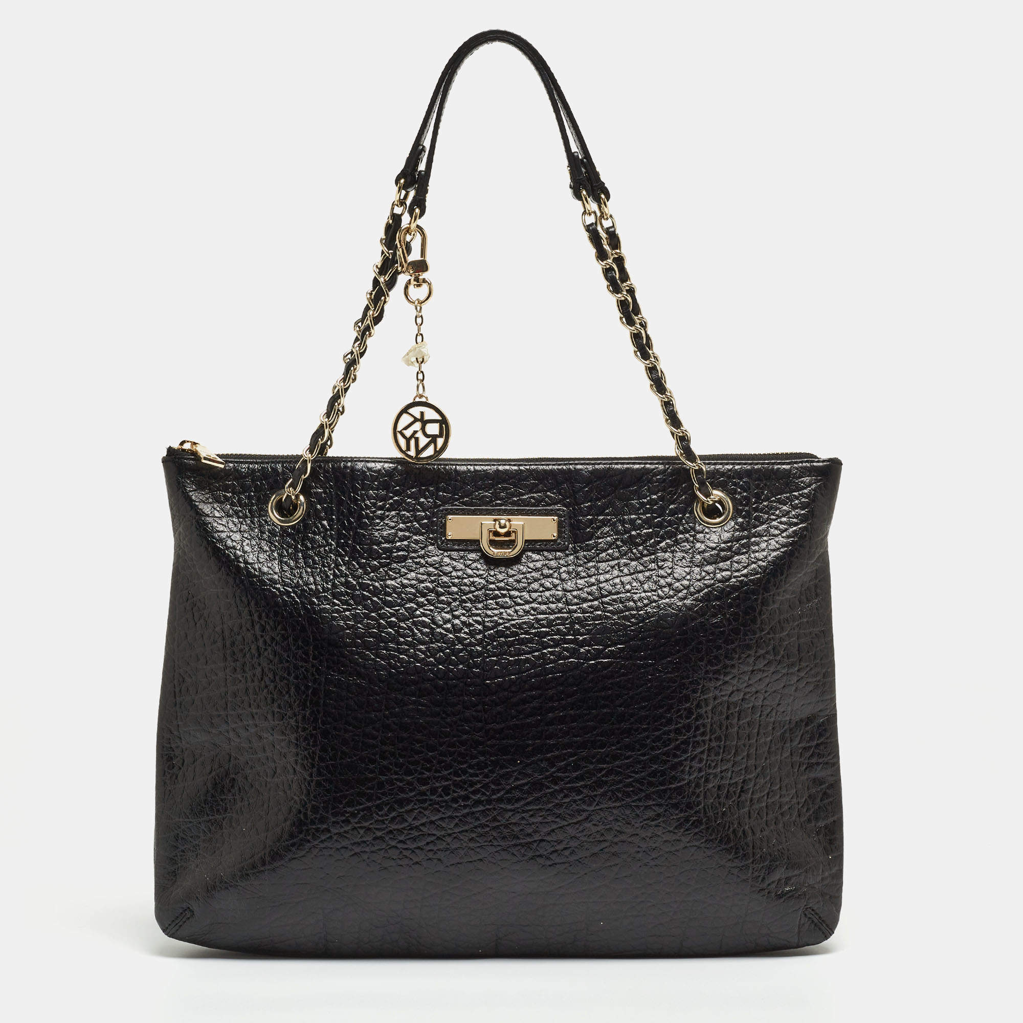 Pre Owned DKNY Black Leather Charm Chain Tote