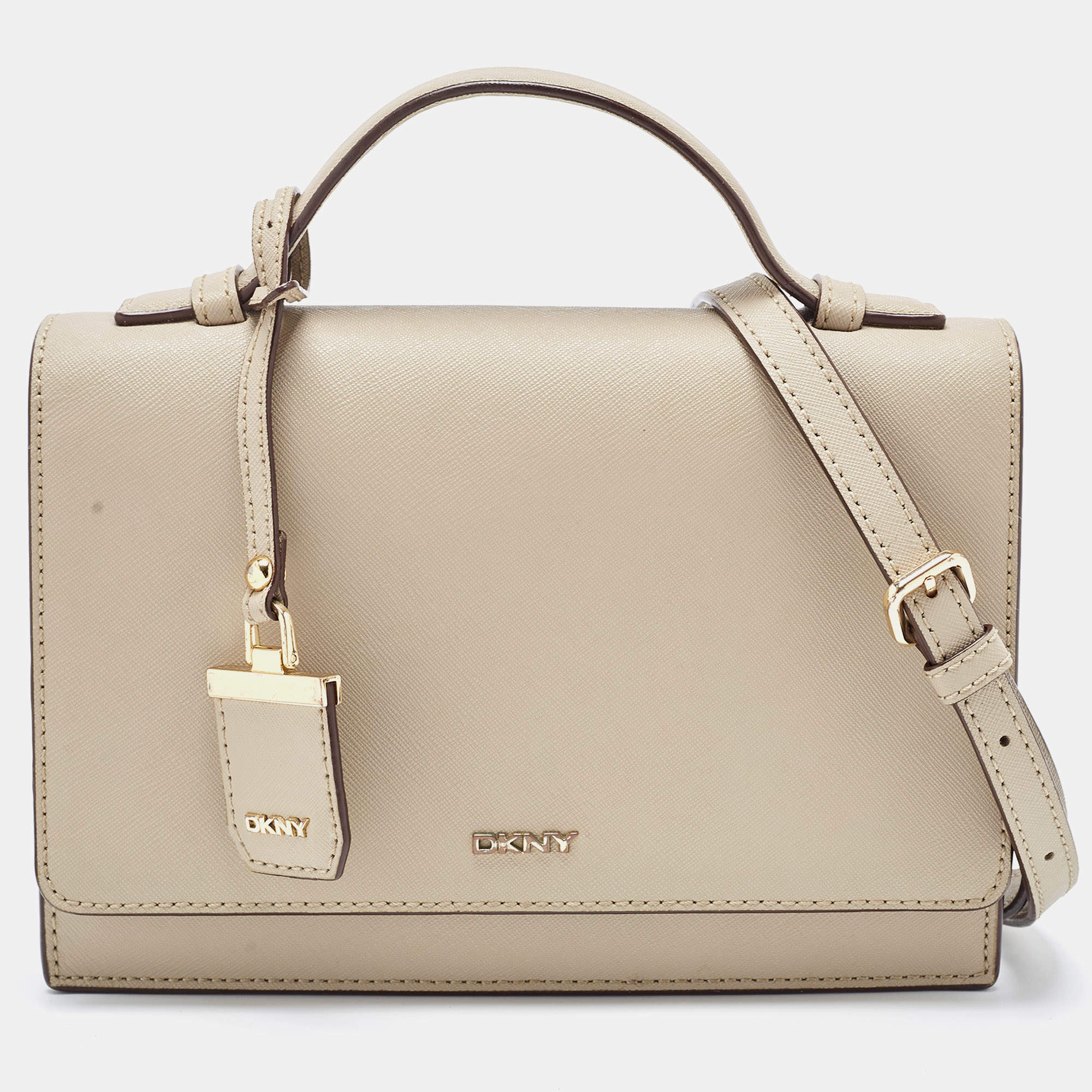 Pre Owned DKNY Beige Saffiano Leather Logo Flap Top Handle Bag