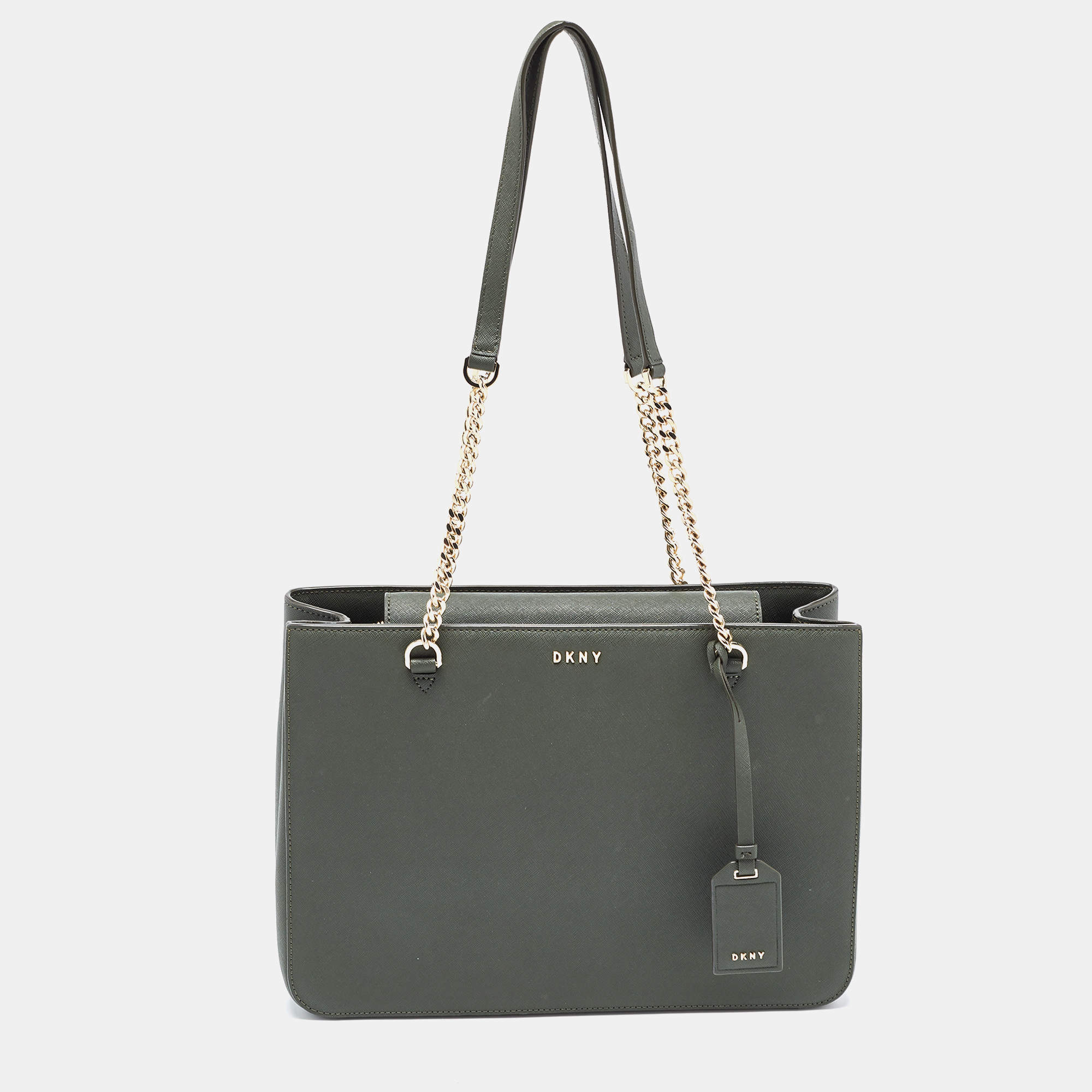 Pre Owned Dkny Green Saffiano Leather Chain Handle Tote