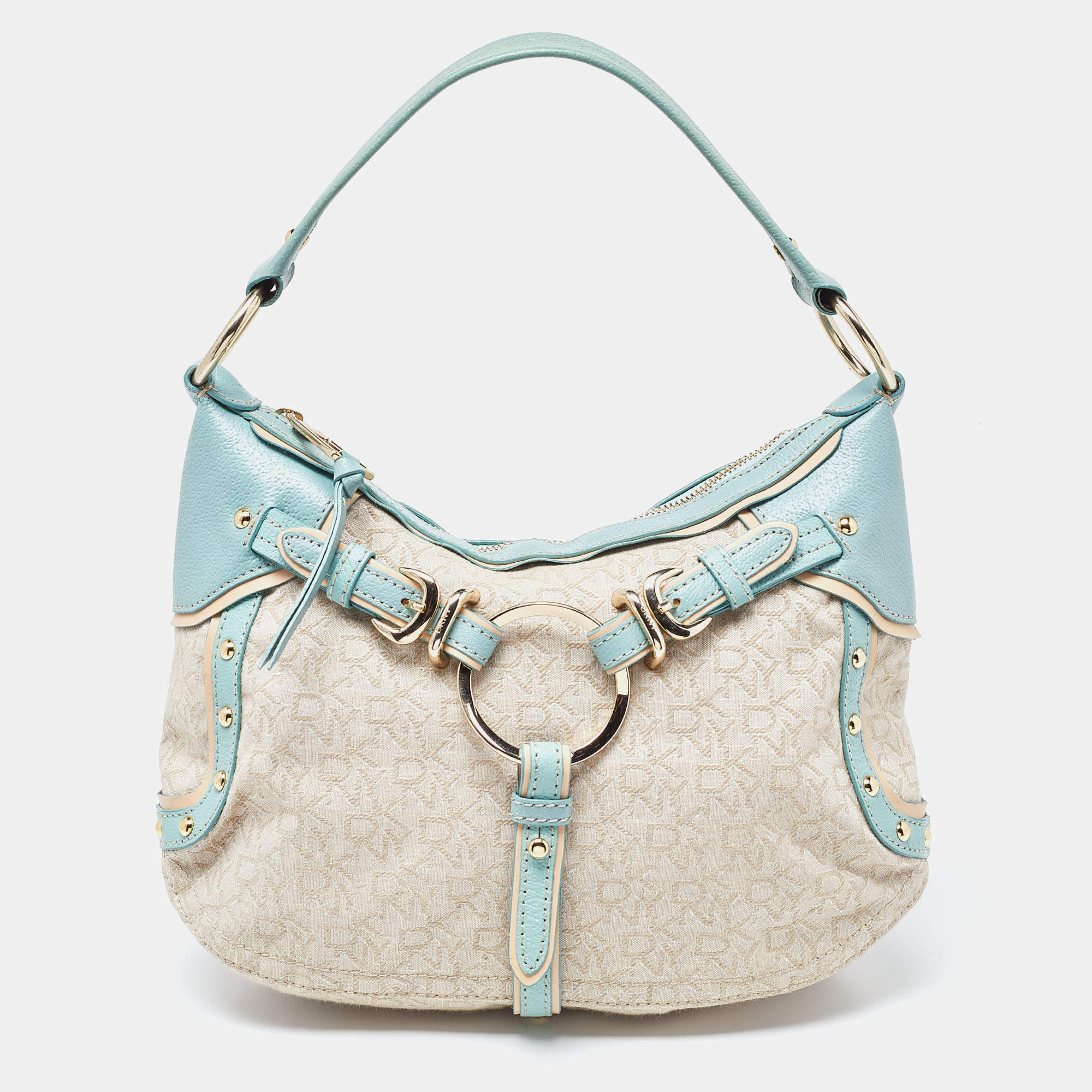 Pre Owned DKNY Cream/Blue Monogram Canvas and Leather Buckle Hobo