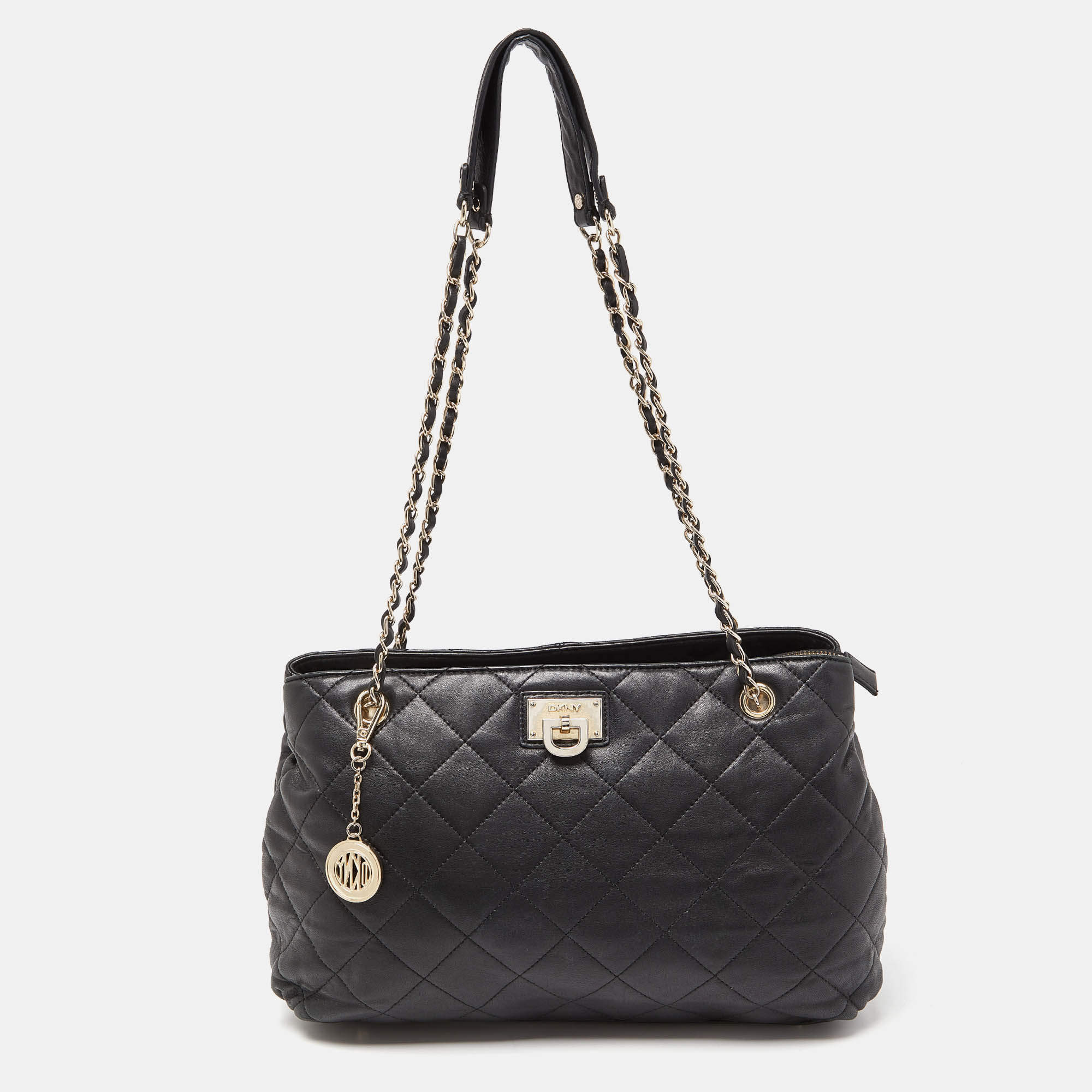 Pre Owned DKNY Black Quilted Leather Chain Tote