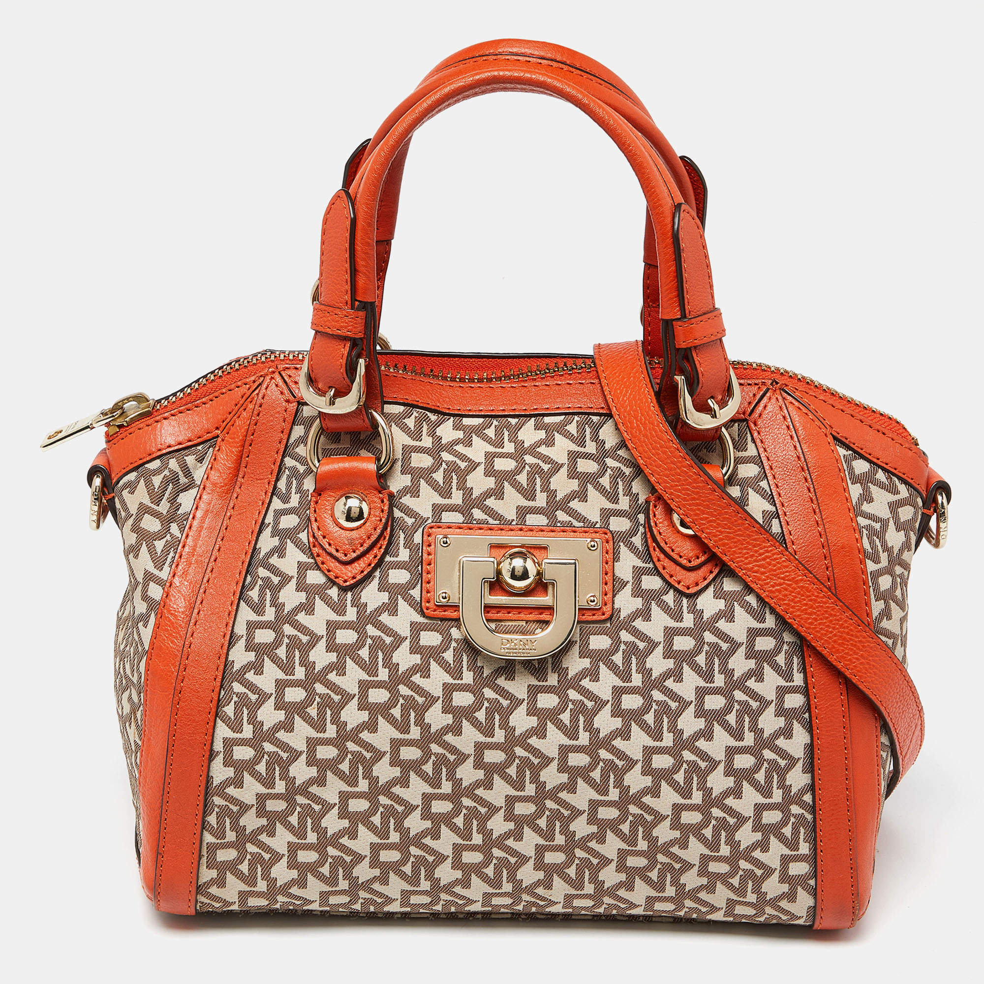 Pre Owned DKNY Orange/Beige Monogram Canvas and Leather Zip Satchel