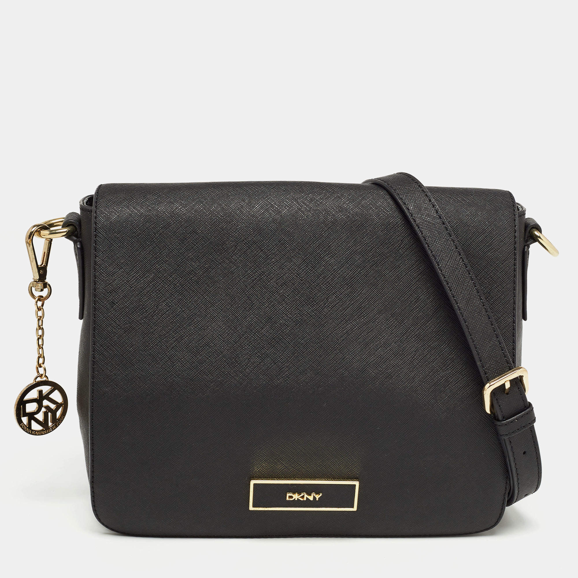 DKNY Black Leather Logo Flap Shoulder Bag