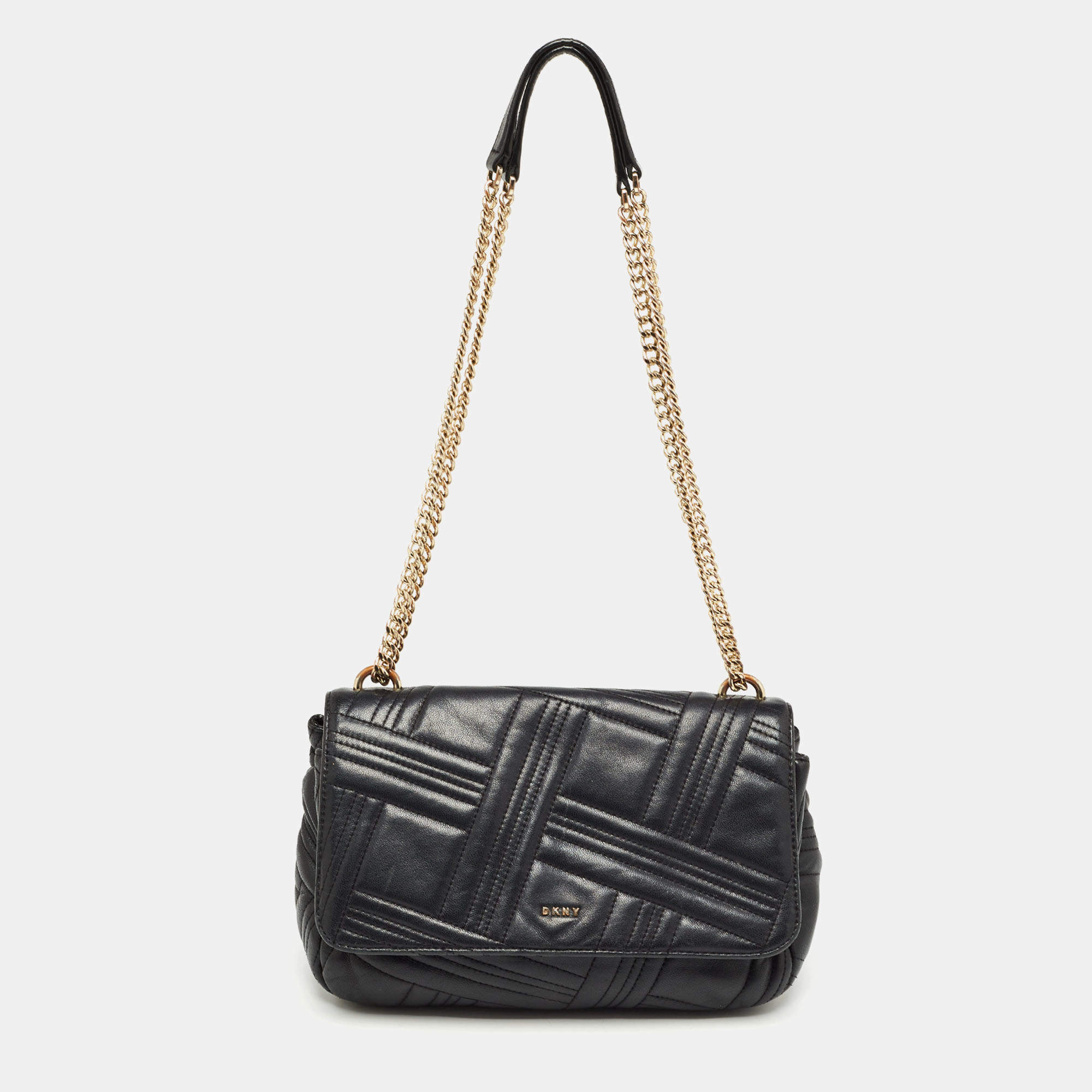 Pre Owned DKNY Black Quilted Leather Flap Shoulder Bag