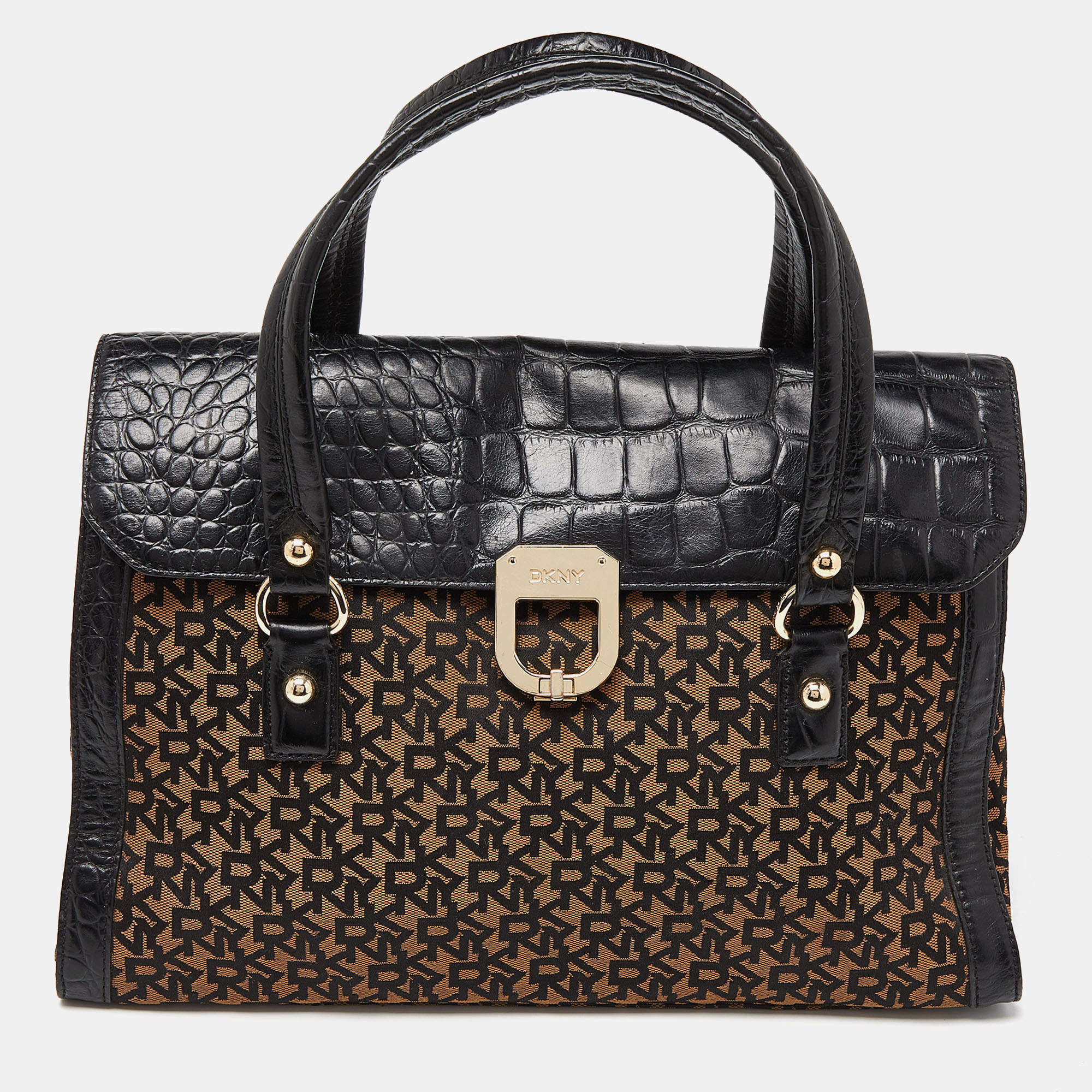 DKNY Black/Brown Monogram Canvas and Croc Embossed Leather Turnlock Flap Tote