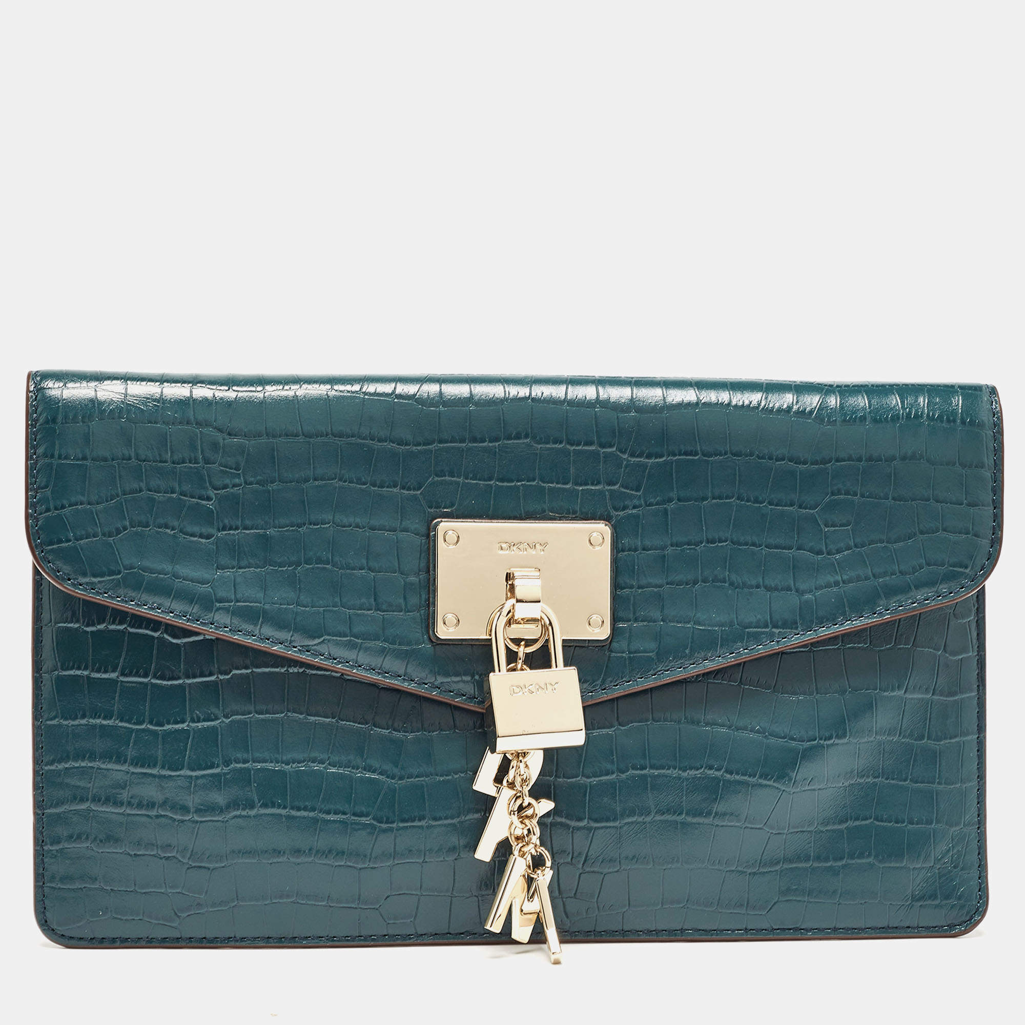 Pre Owned DKNY Teal Blue Croc Embossed Leather Elissa Envelope Clutch