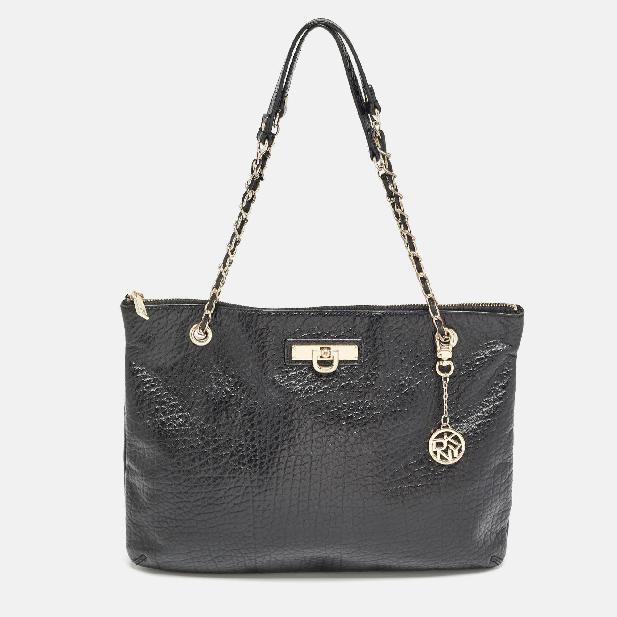 DKNY Black Leather Charm Chain Tote