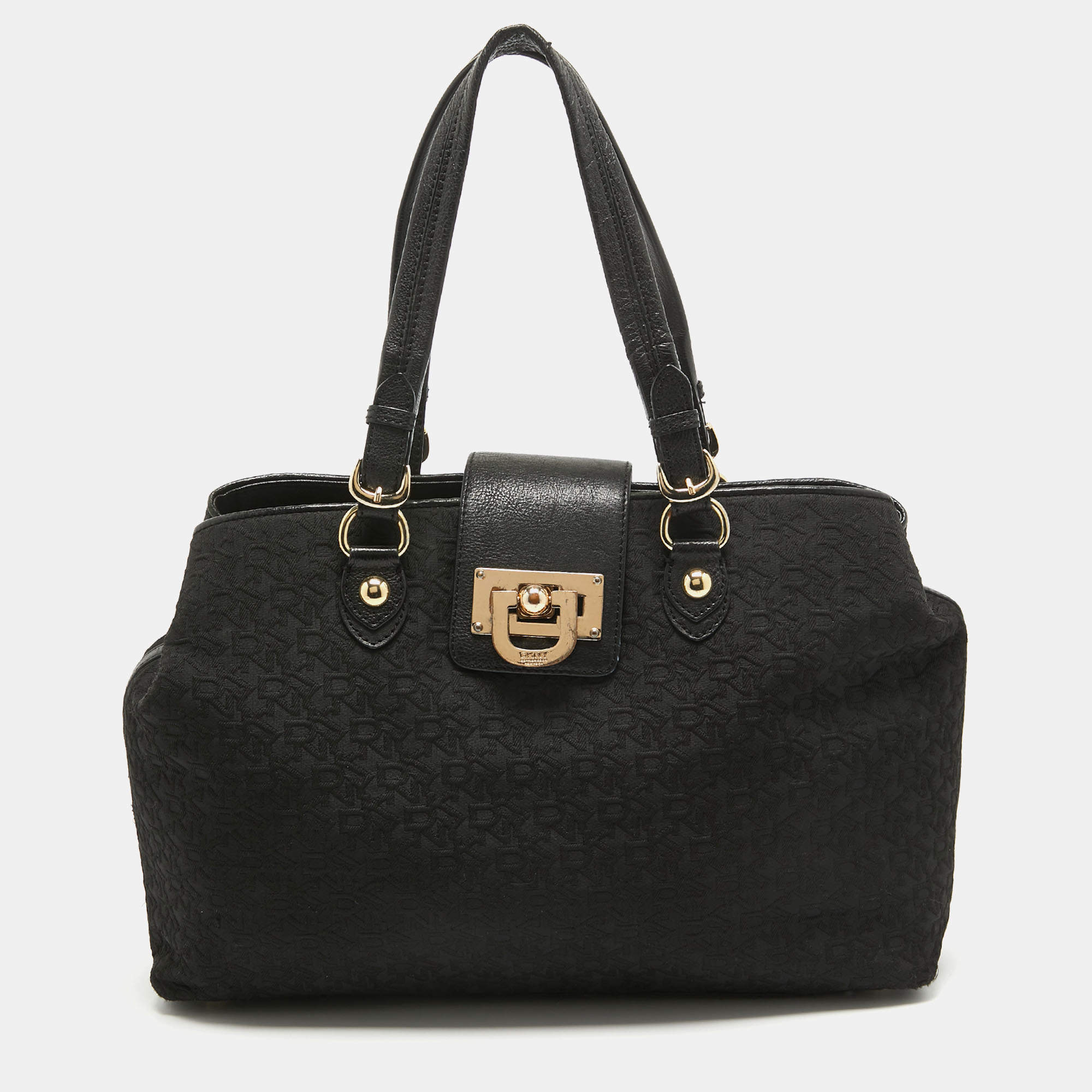 Pre Owned Dkny Black Monogram Canvas and Leather Flap Tote