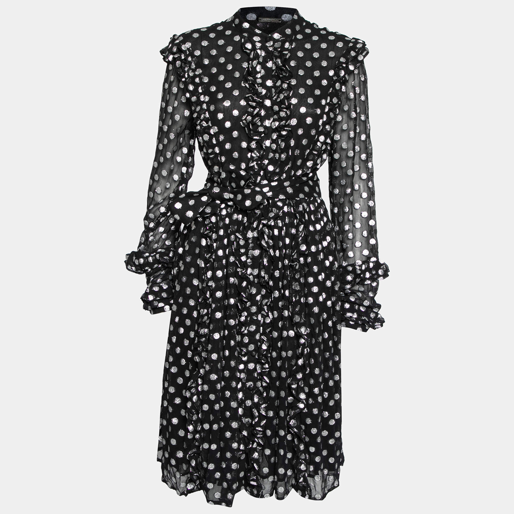 Pre Owned Dodo Baror Black & Silver Polka Dotted Chiffon Ruffle Trimmed Belted Dress M