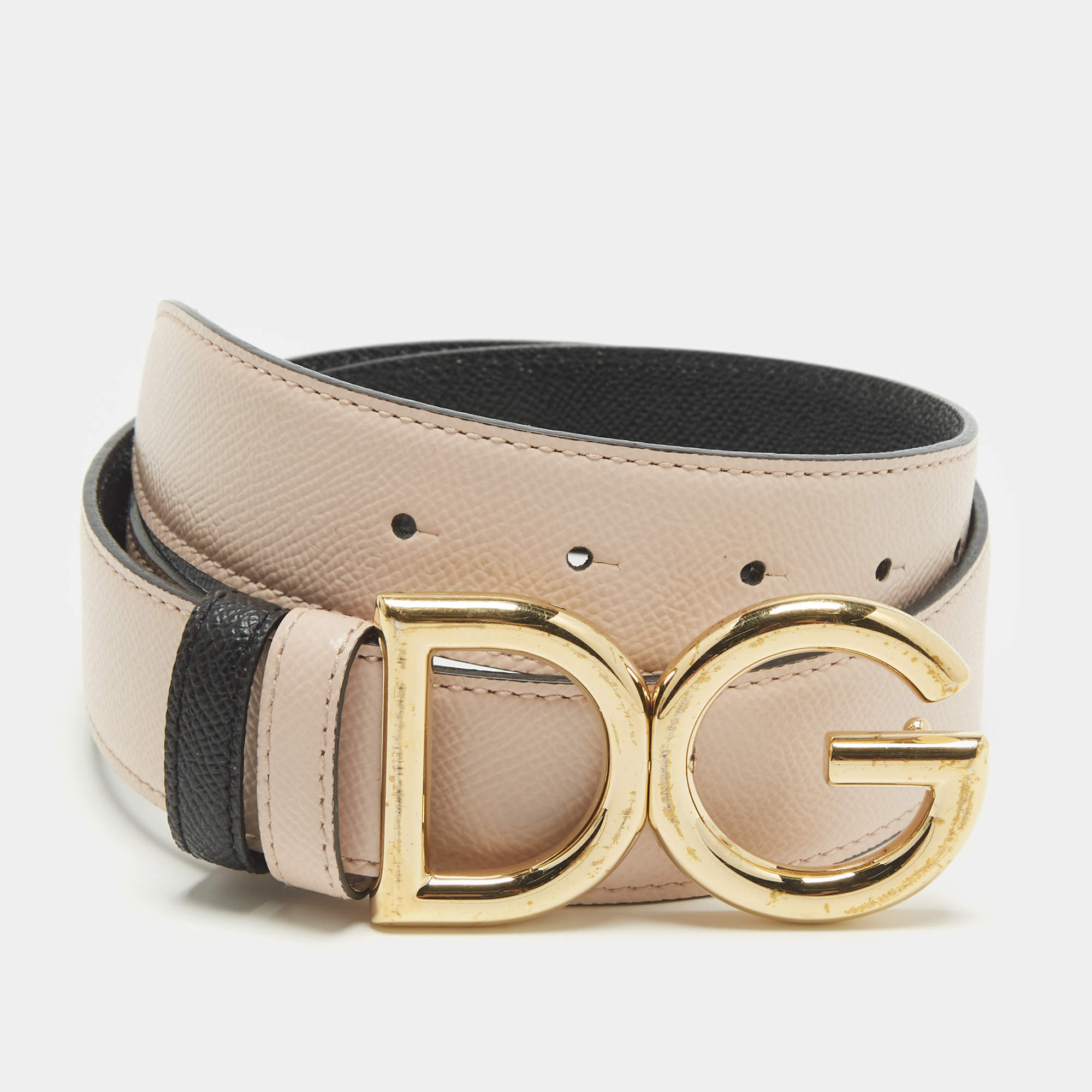 Pre Owned Dolce & Gabbana DG Logo 85 CM Reversible Buckle Belt Pink/Black Leather