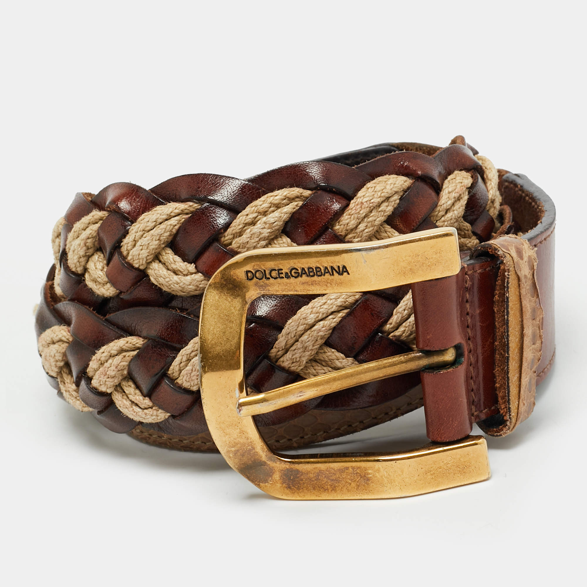 Pre Owned Dolce & Gabbana Woven 90CM Buckle Belt Brown Snakeskin and Leather