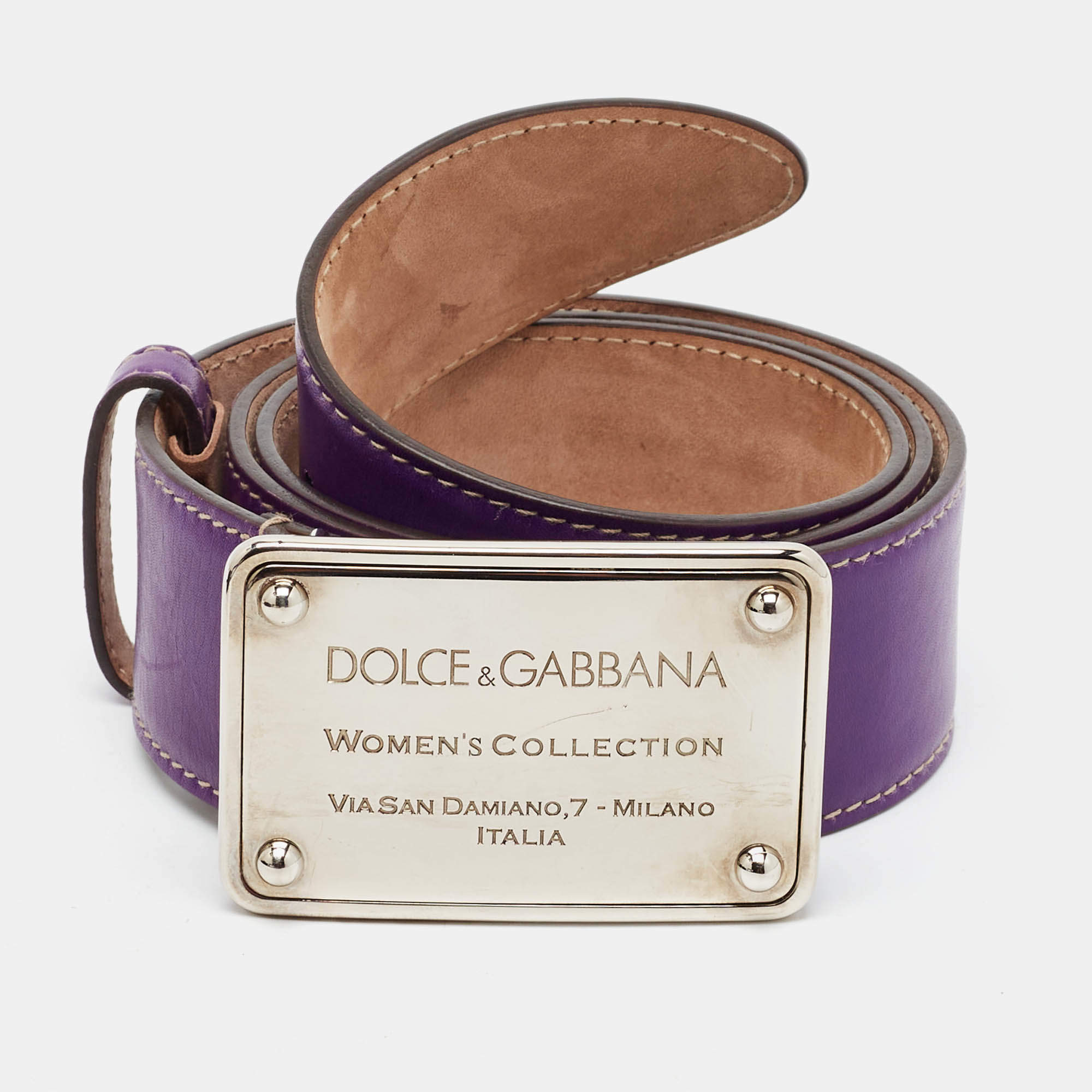 Pre Owned Dolce & Gabbana Logo Plaque  85 CM Buckle Belt Purple Leather