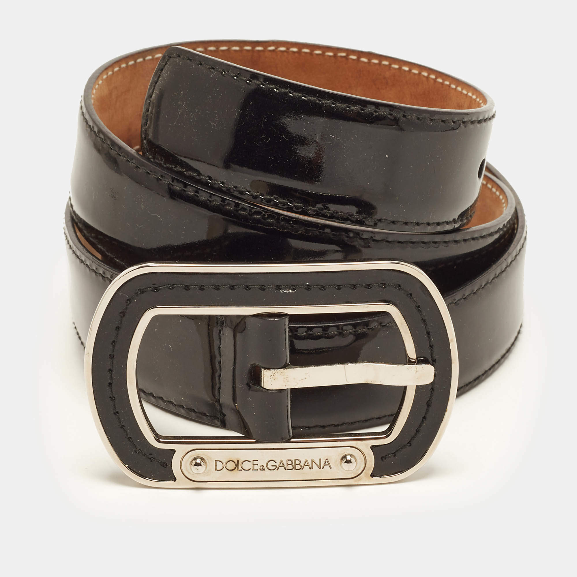 Pre Owned Dolce & Gabbana Logo Buckle 95CM Belt Black Patent Leather