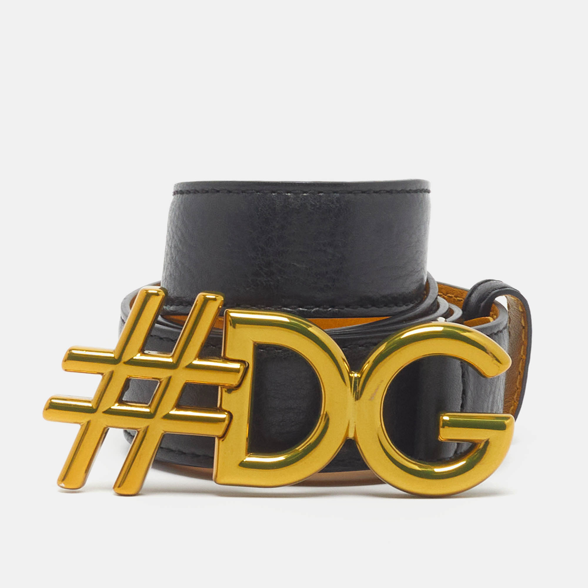 Pre Owned حزام دولتشي & غابانا جلد أسود شعار DG هاشتاغ 80 سم