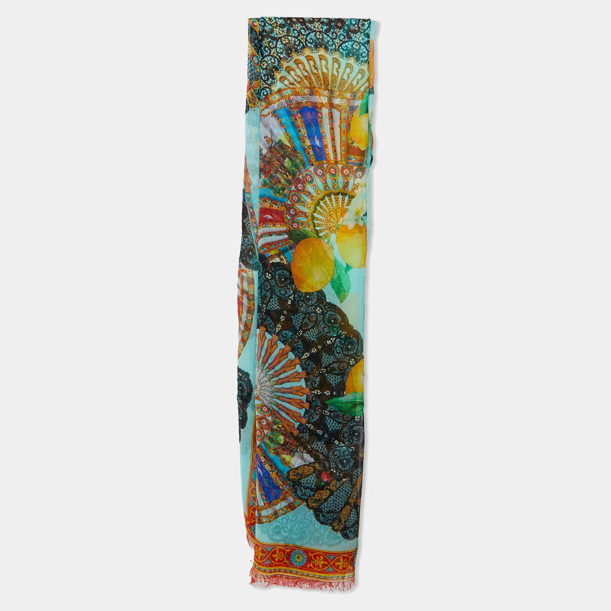 Pre Owned Dolce & Gabbana Multicolor Majolica Folklore Fan Print Silk Georgette Scarf