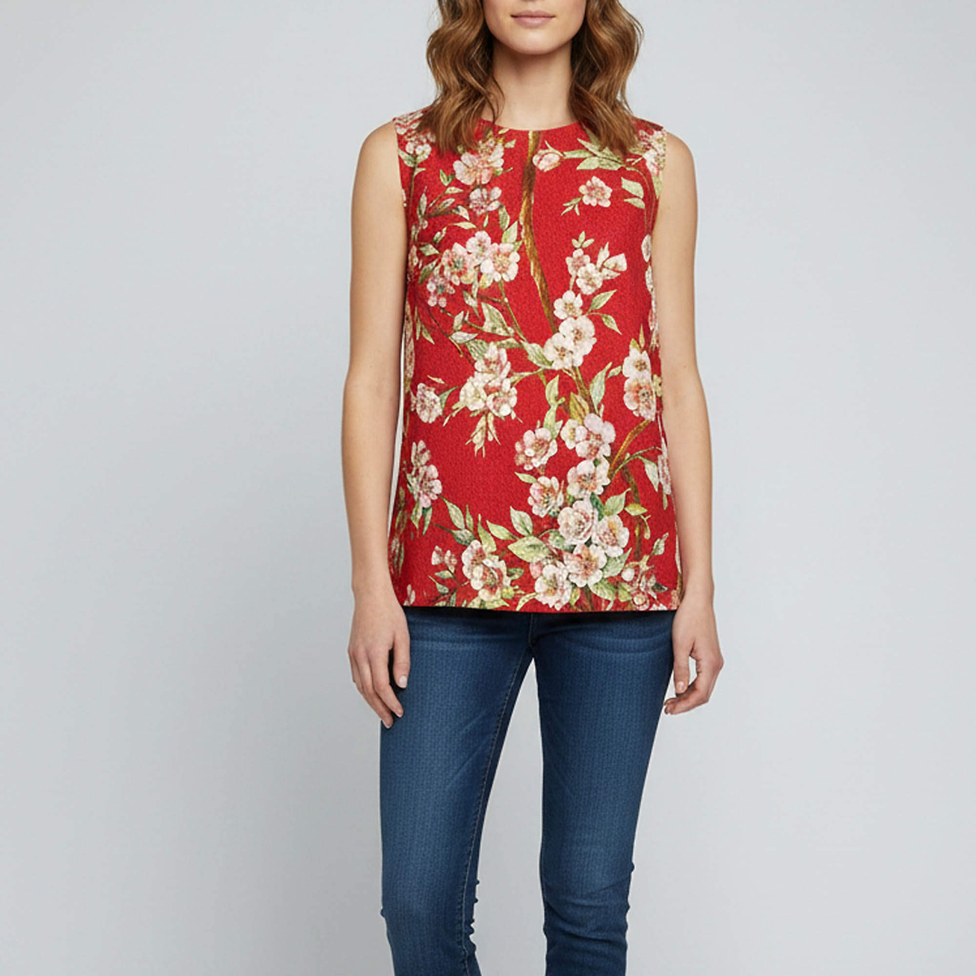 مملوكة مسبقًا Dolce & Gabbana Red Cherry Blossom Print Crepe Sleeveless Tunic M