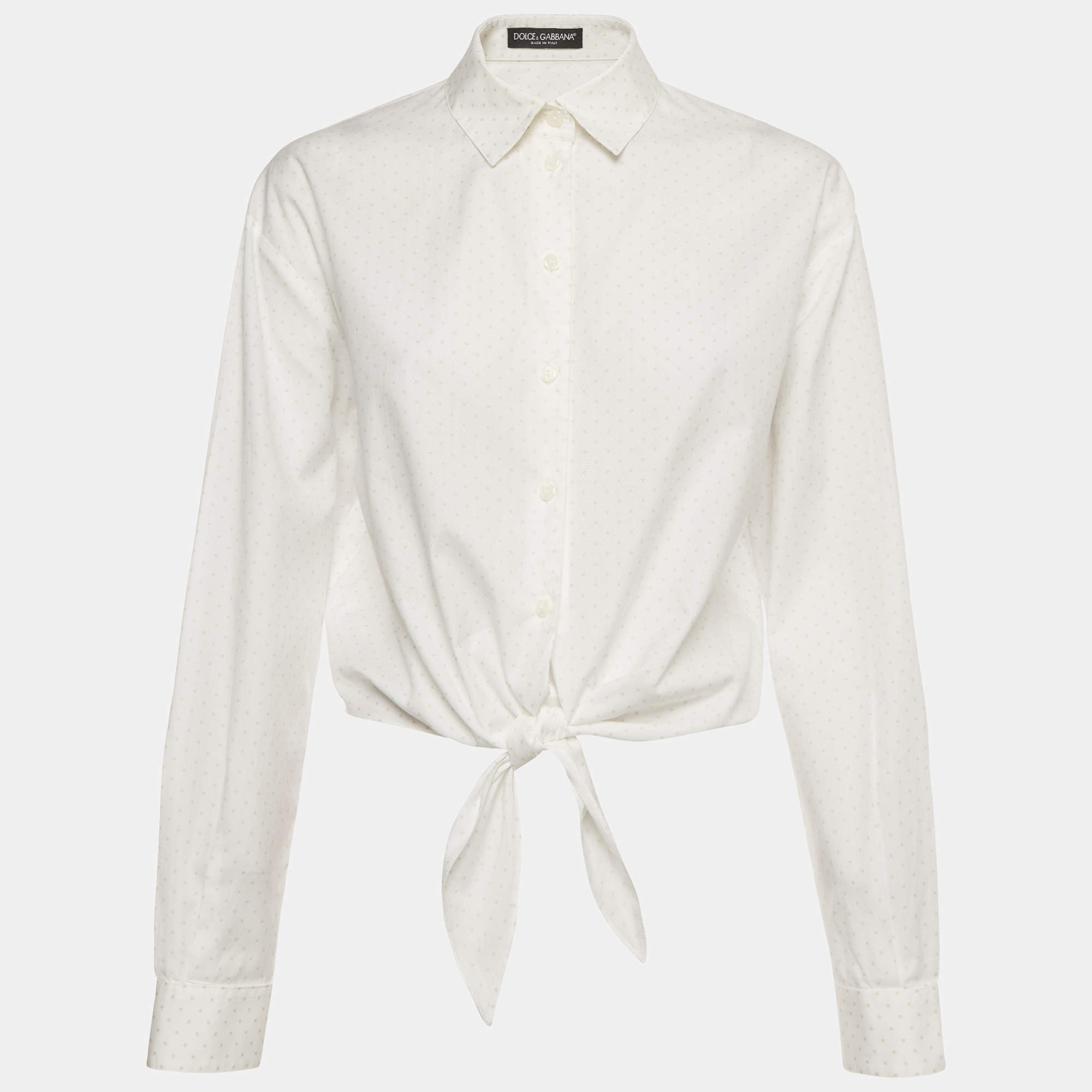 Pre Owned Dolce & Gabbana White Polka Dot Print Cotton Tie Blouse M
