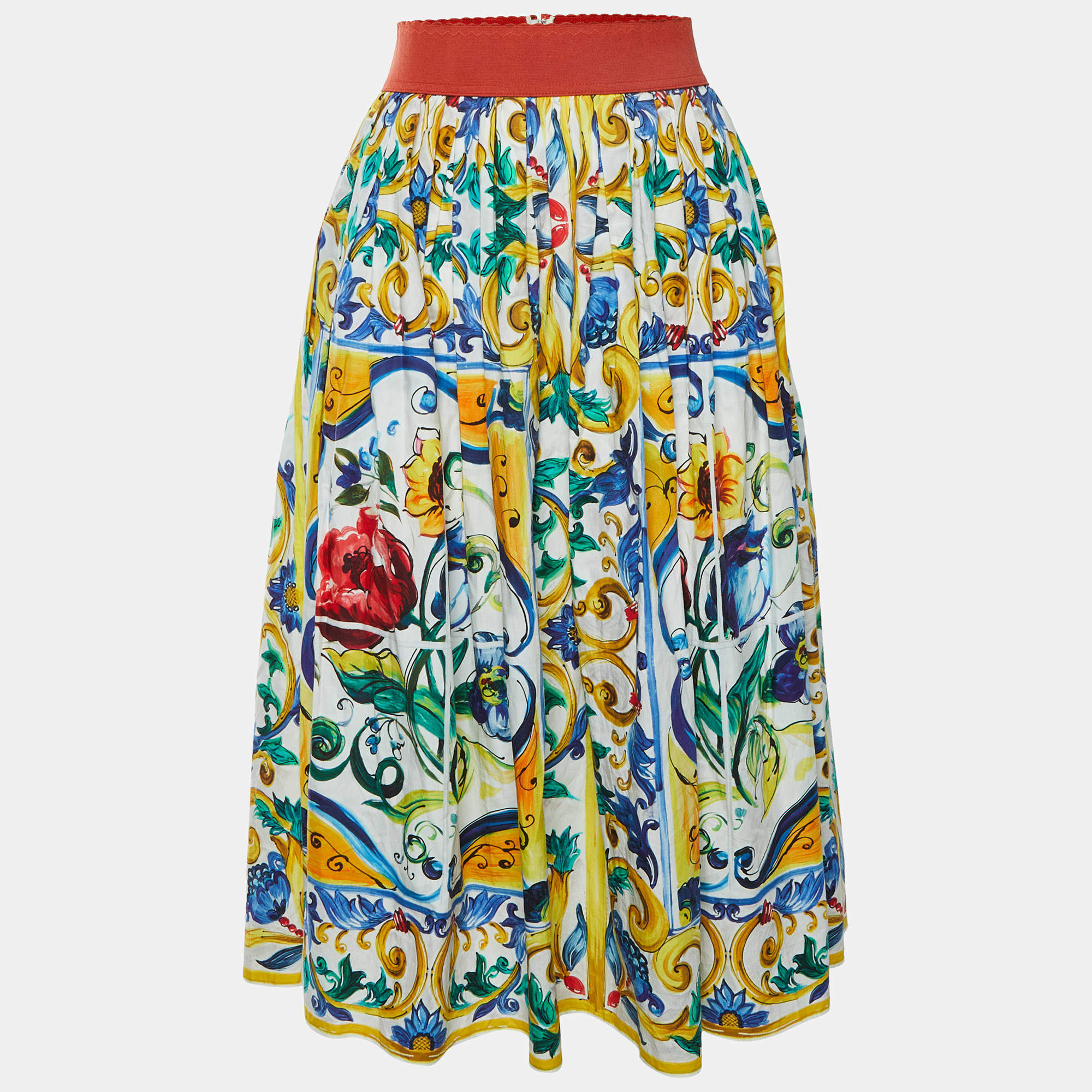 Pre Owned Dolce & Gabbana Multicolor Majolica Print Cotton Midi Skirt M