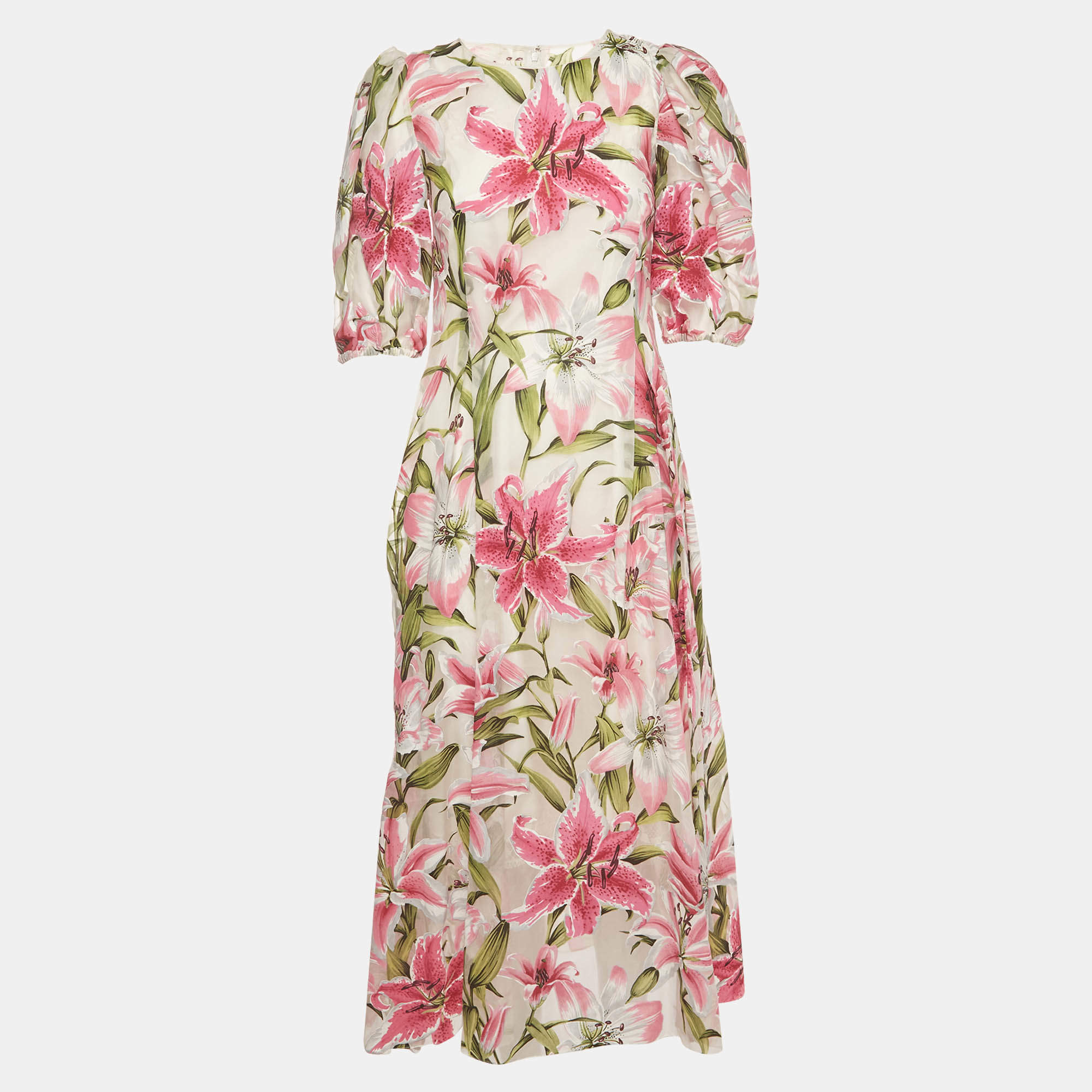 Pre Owned Dolce & Gabbana White/Pink Lily Print Organza Midi Dress M
