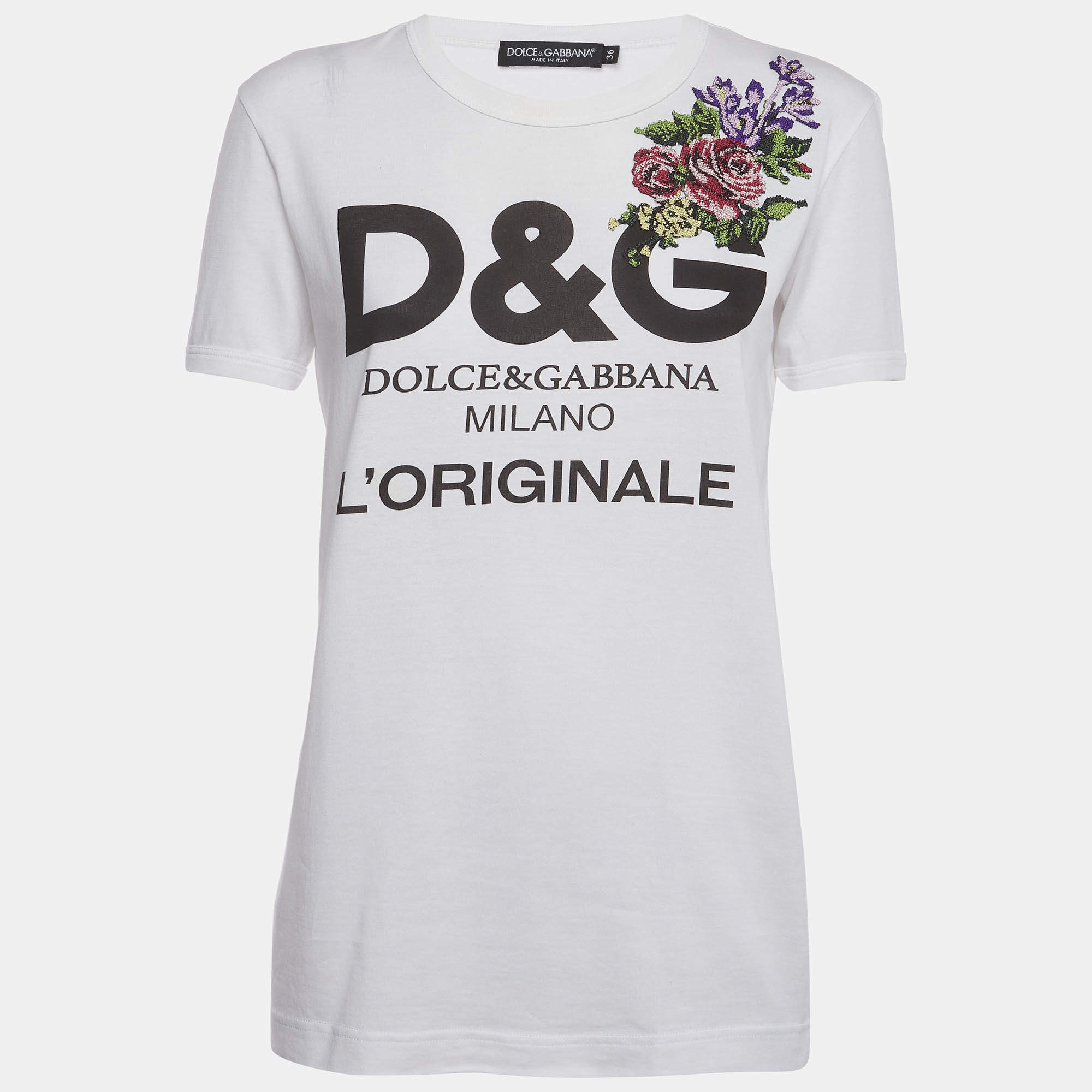 Pre Owned Dolce & Gabbana White Floral Appliqué Jersey Crewneck T-Shirt XS 
