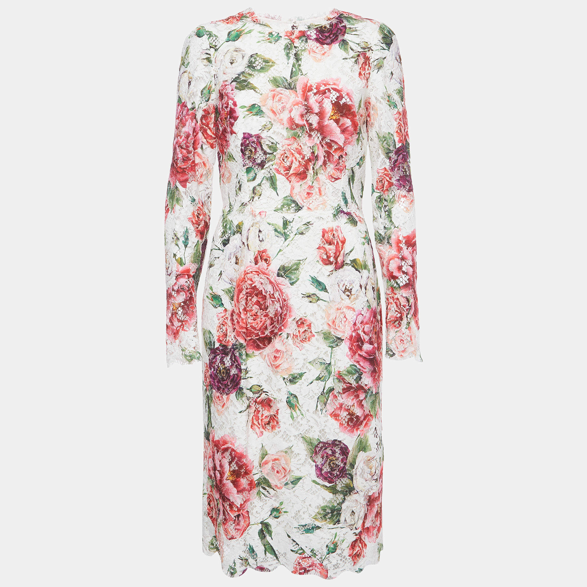 Pre Owned Dolce & Gabbana White Floral Print Lace Long Sleeve Dress M