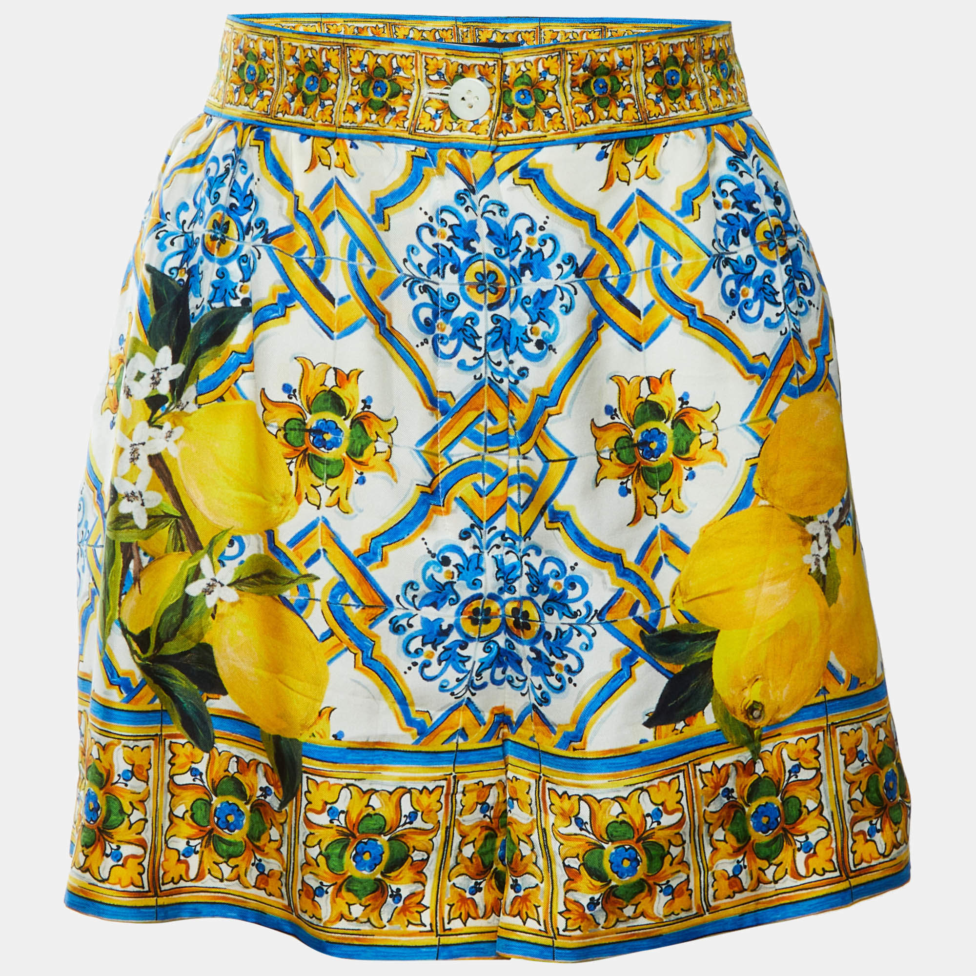 Pre Owned Dolce & Gabbana Yellow/Blue Maiolica Print Silk Shorts M