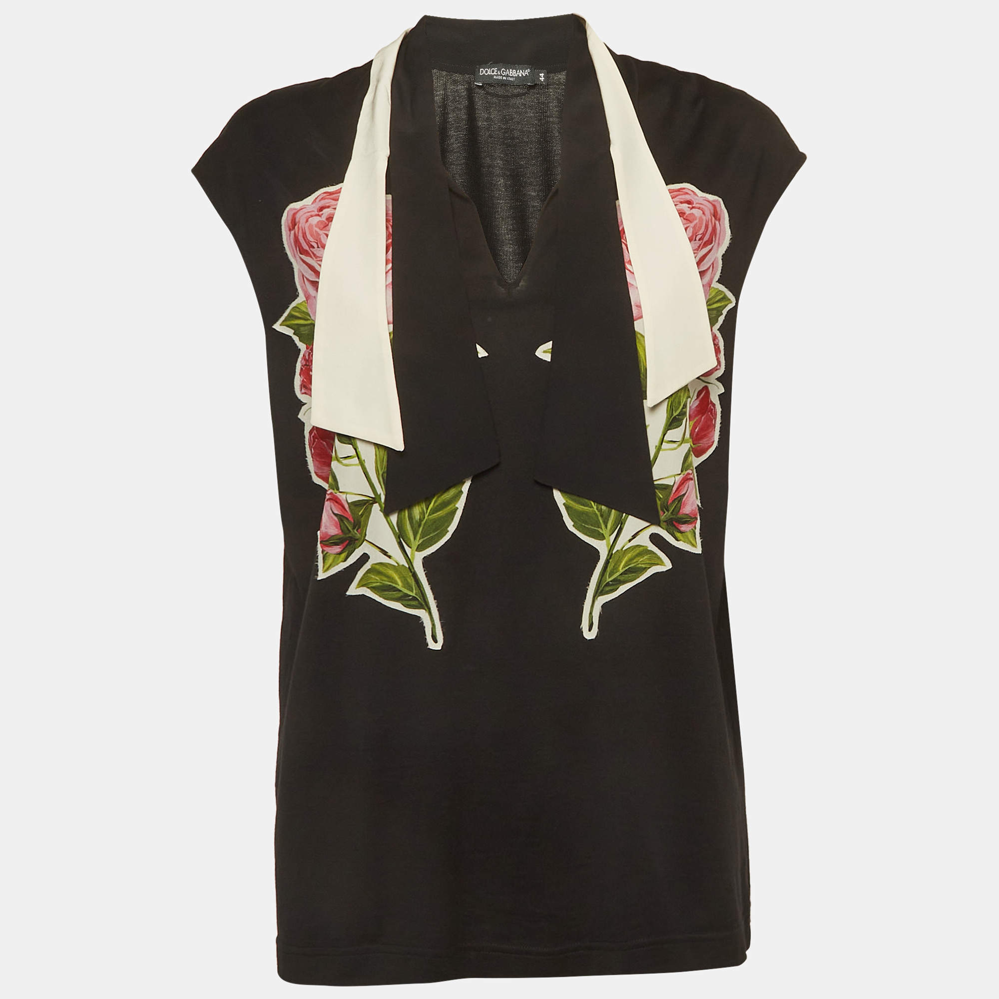 Pre Owned Dolce & Gabbana Black Rose Appliqué Jersey Tie-Collar Top M