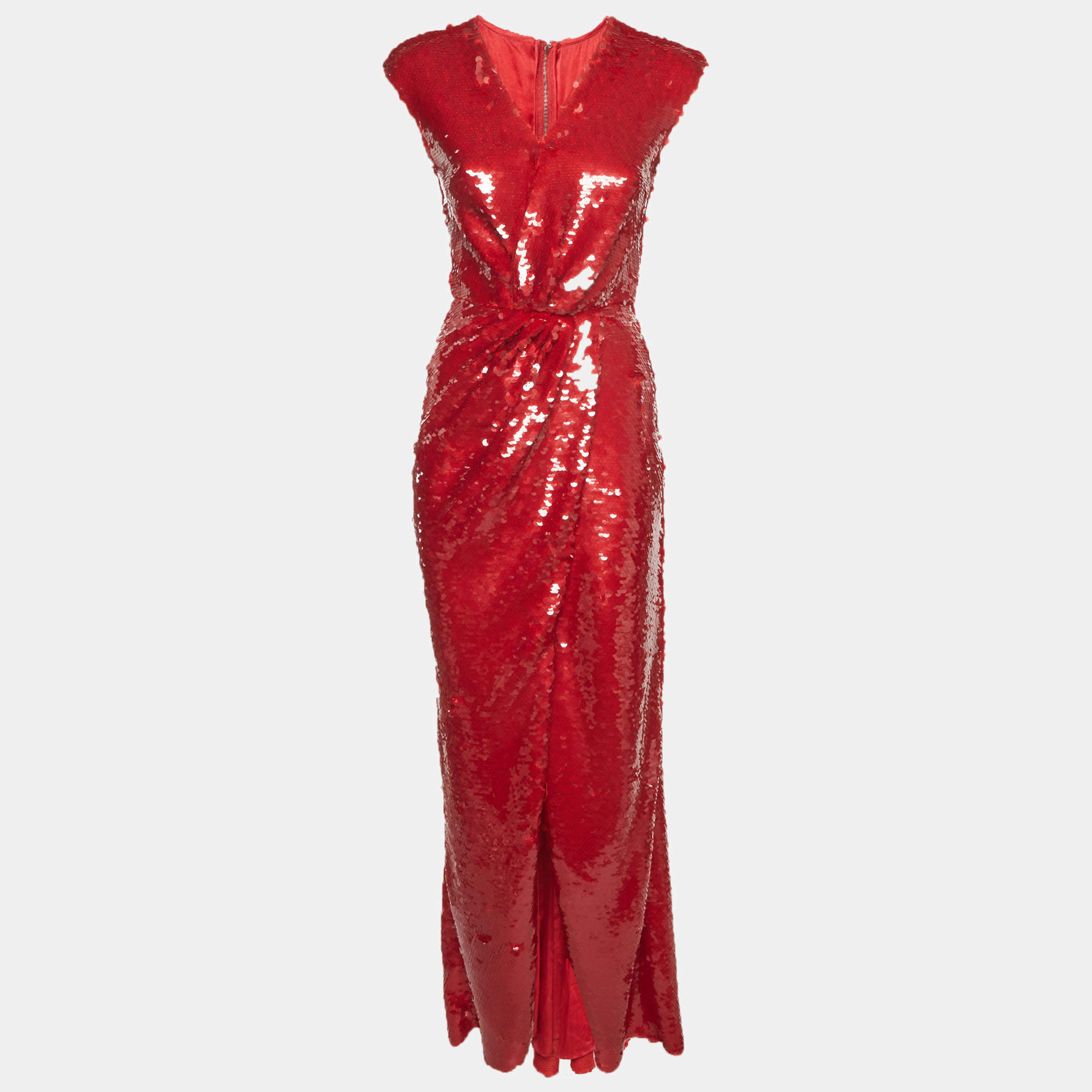Pre Owned Dolce & Gabbana Red Sequinned Draped Evening Gown S